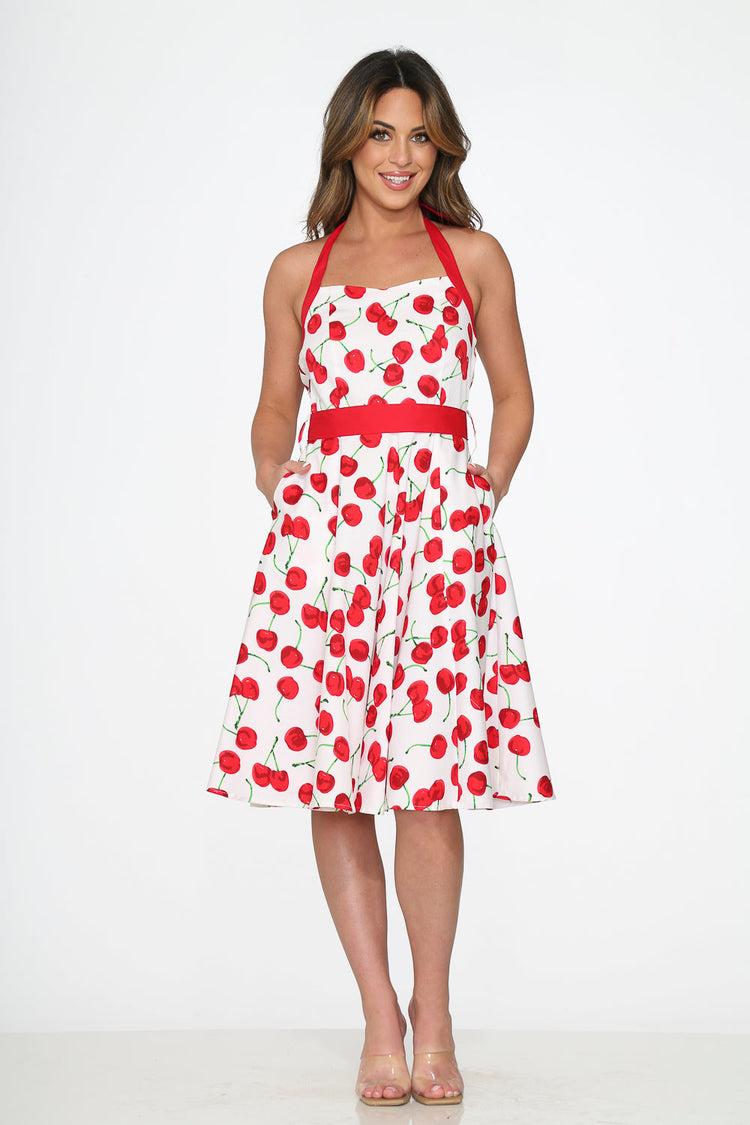 White Red Cherry Halter Swing Dress Product Image