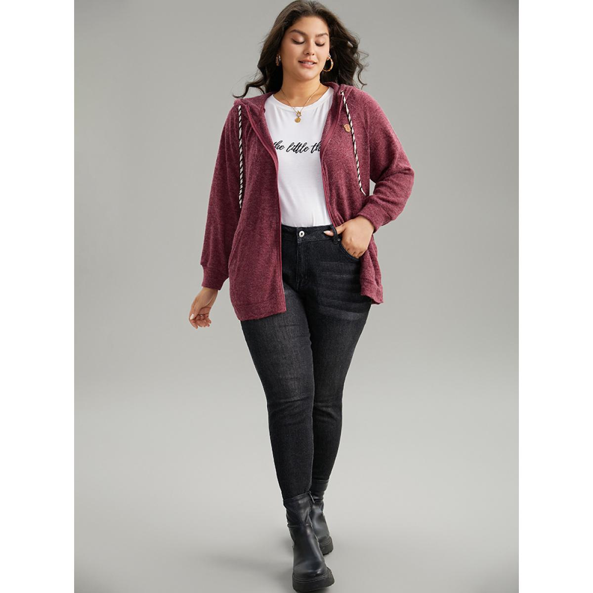 Plus Size Solid Badge Trim Drawstring Zipper Jacket Women Burgundy Zipper Pocket Dailywear Jackets BloomChic 22-24/3X Product Image