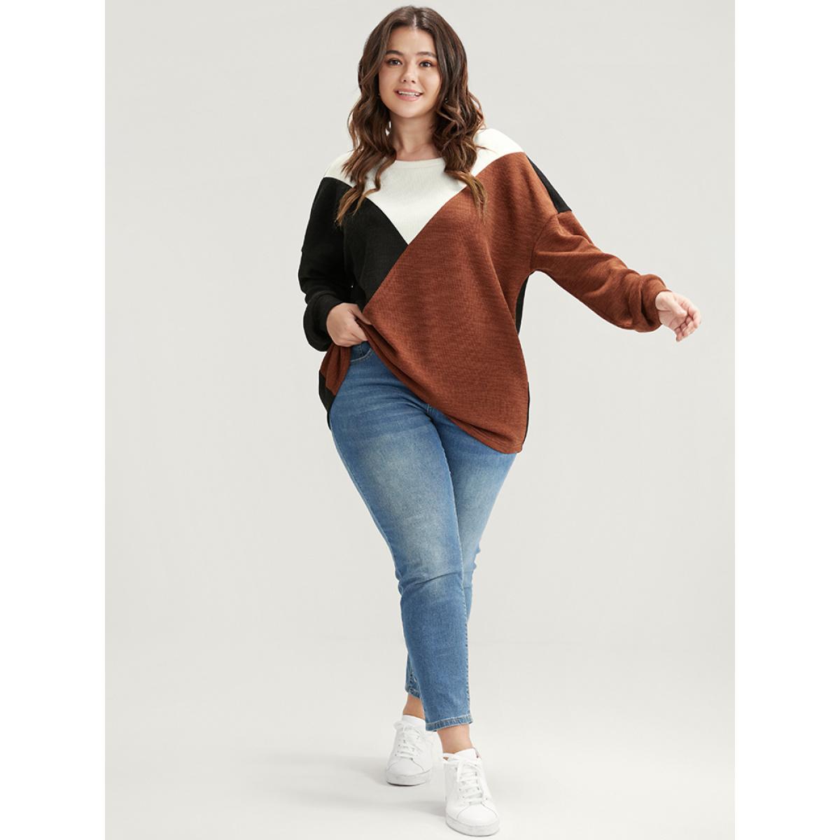 Plus Size Colorblock Contrast Rib Knit Drop Shoulder Sweatshirt Women Multicolor Elegant Patchwork Round Neck Dailywear Sweatshirts BloomChic 30/6X Product Image