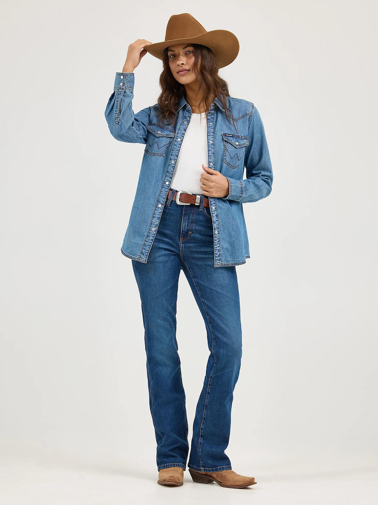 Women's Long Sleeve Western Snap Denim Shirt in Mid Denim Product Image