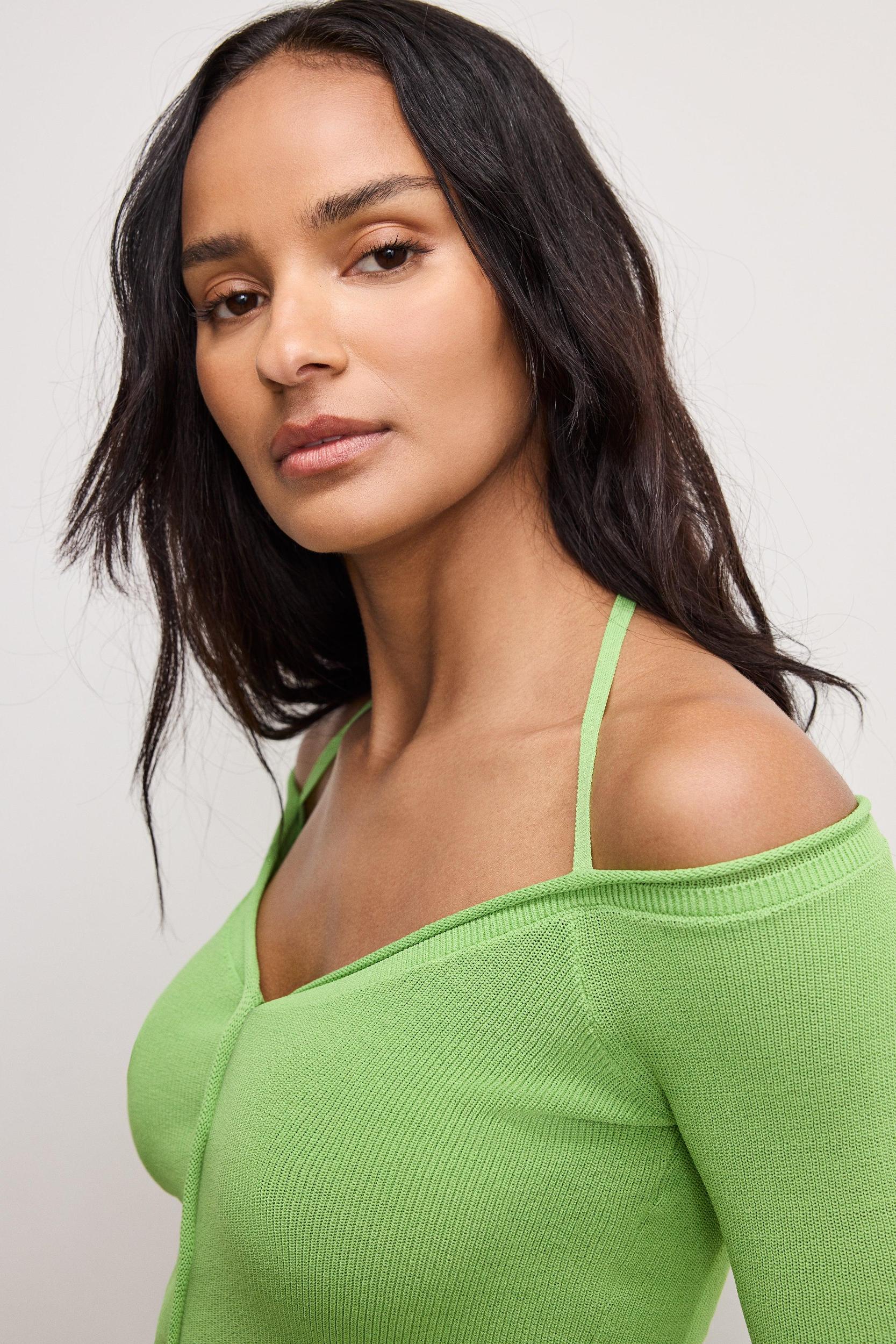 STRETCH RIB KNIT OFF SHOULDER TOP | LIME005 Product Image