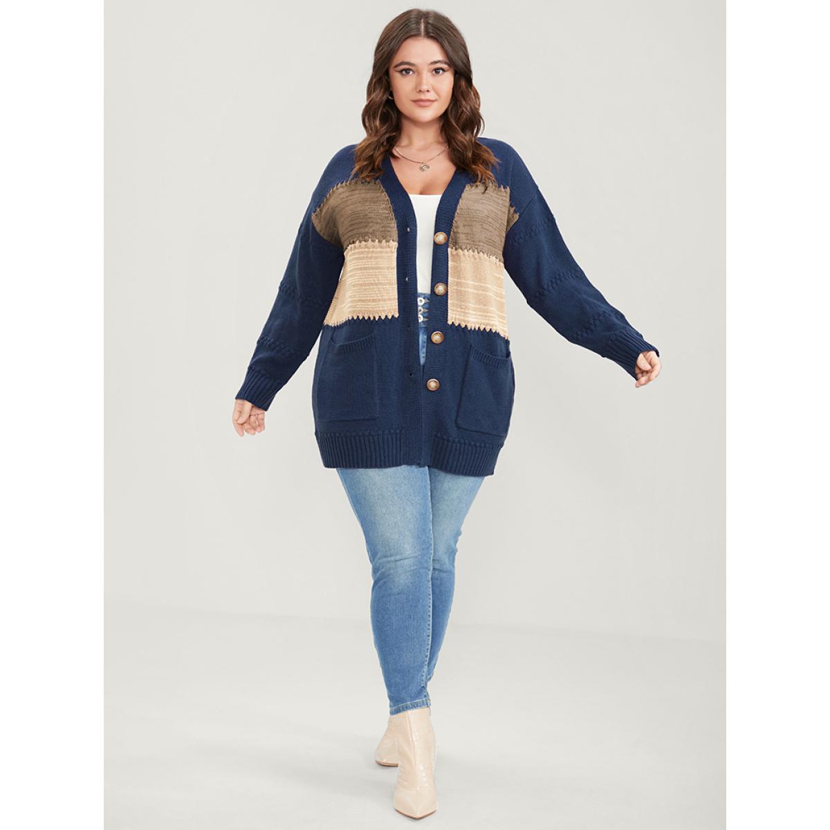 Plus Size Colorblock Contrast Pointelle Knit Pocket Jacquard Button Front Cardigan Multicolor Women Casual Loose Long Sleeve Dailywear Cardigans BloomChic 12/L Product Image