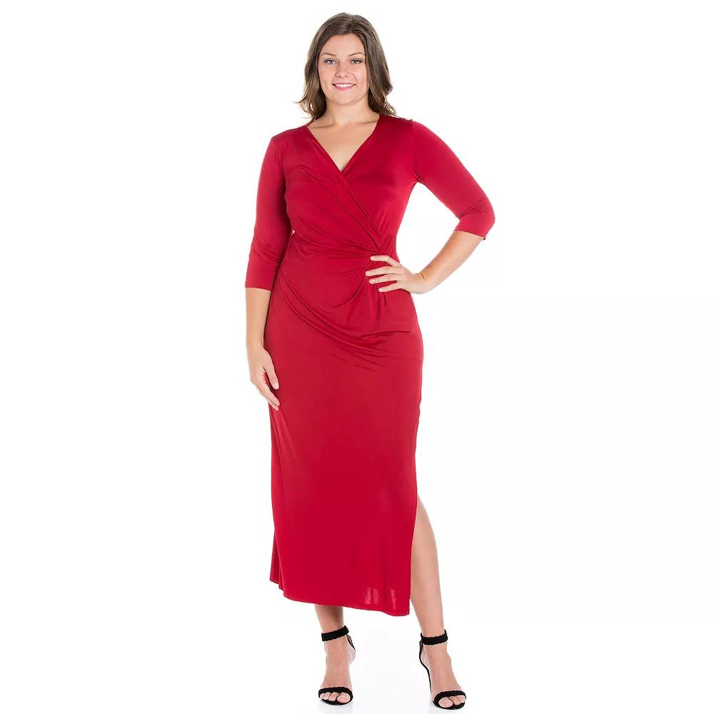 Plus Size 24seven Comfort Apparel Fitted V-Neck Side Slit Maxi Dress, Women's, Size: 3XL, Red Product Image