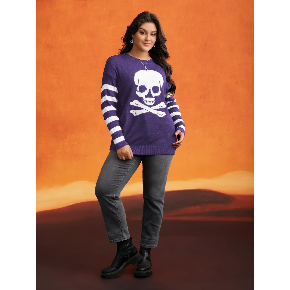 Plus Size Supersoft Essentials Gothic Skull Striped Sleeves Pullover Deeppurple Women Playful Loose Long Sleeve Round Neck Casual Pullovers BloomChic 30/6X Product Image