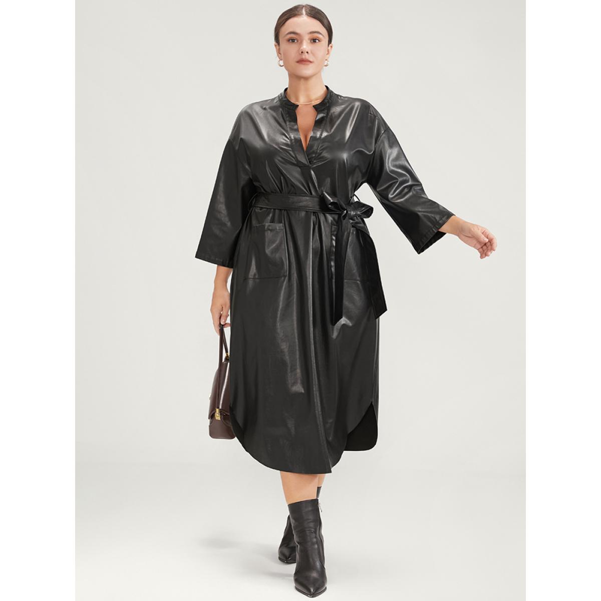 Plus Size PU Leather Pocket Belted Arc Hem Dress Black Women Party Belted V-neck Elbow-length sleeve Curvy Midi Dress BloomChic 14-16/1X Product Image