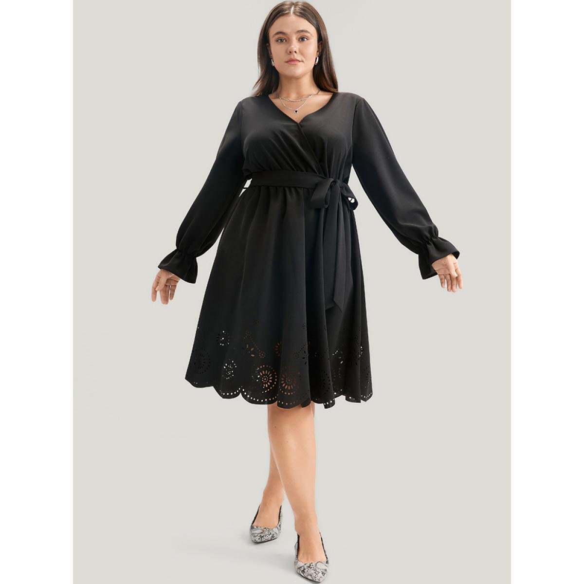Plus Size Solid Wrap Pocket Belted Laser Cut Knee Dress Black Women Elegant Plain V-neck Long Sleeve Curvy Knee Dress BloomChic 10/M Product Image