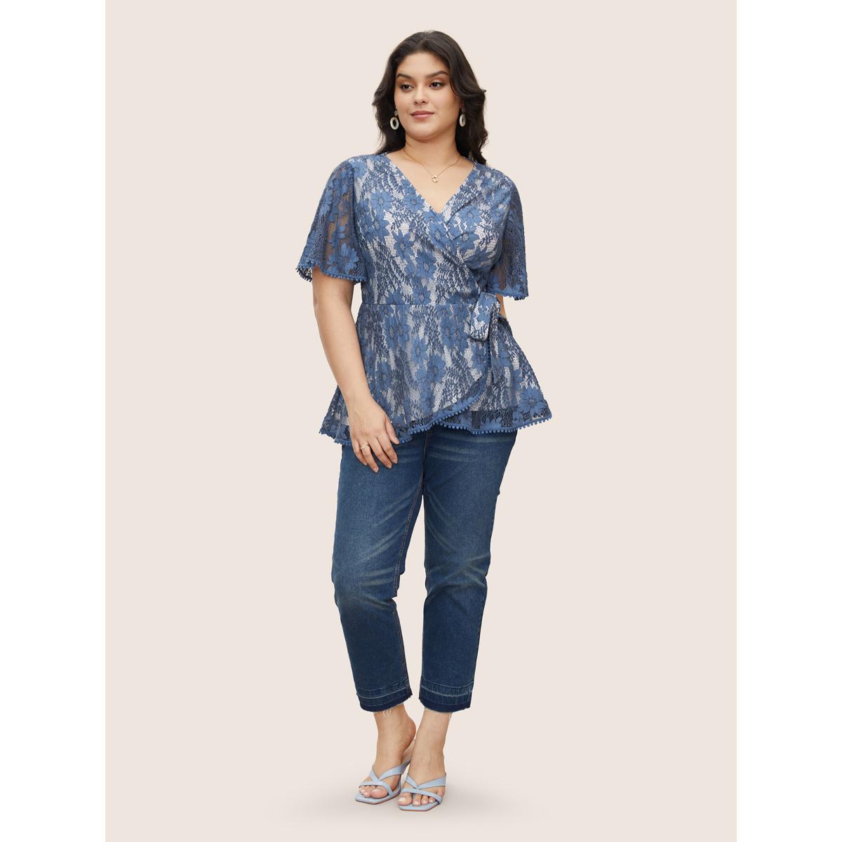 Plus Size DarkBlue Floral Crochet Lace Mesh Pompom Trim Blouse Women Elegant Short sleeve Overlap Collar Everyday Blouses BloomChic 10/M Product Image