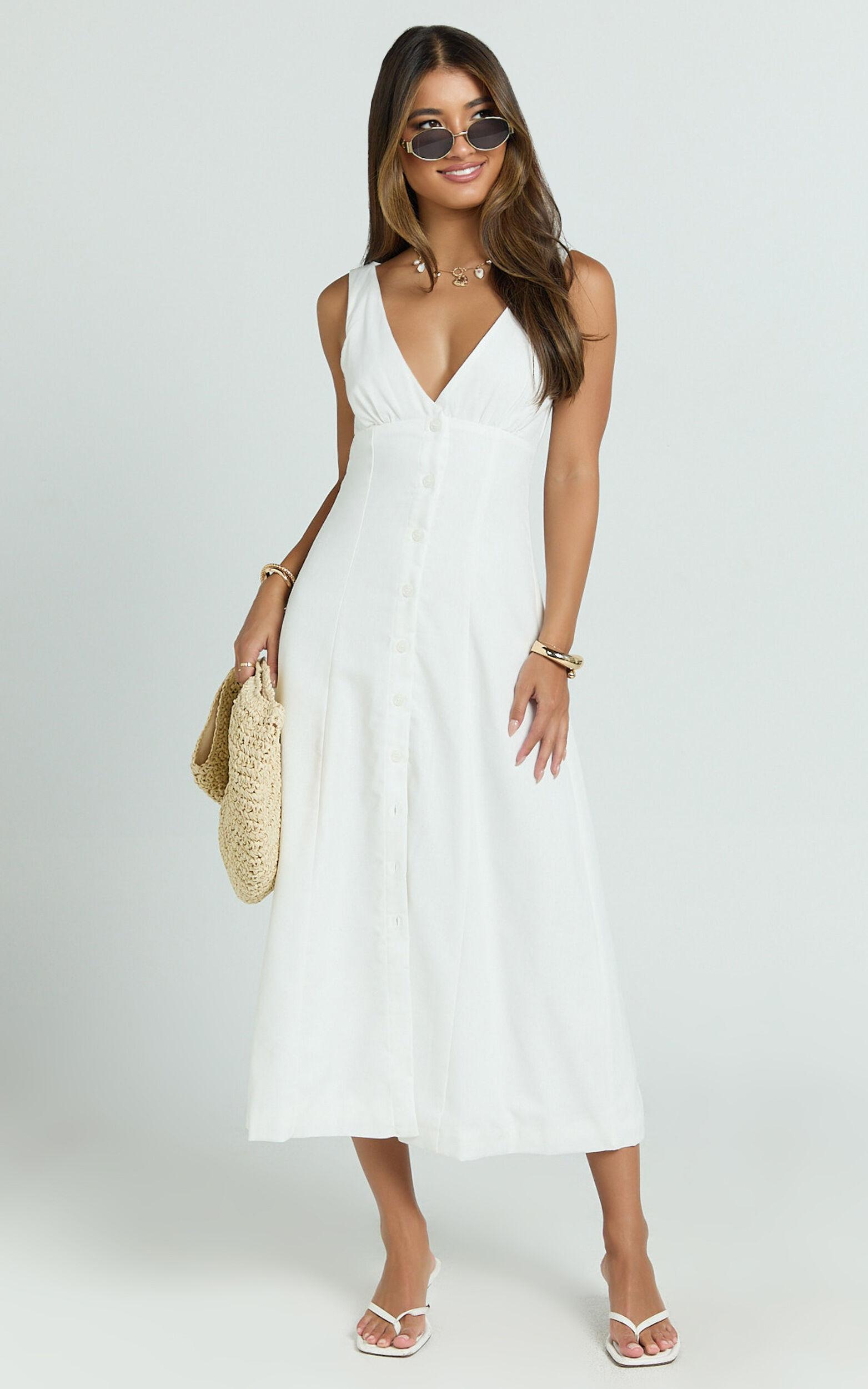 Zula Midi Dress - V Neck Sleeveless Under Bust Seam Circular Skirt Dress in White Product Image