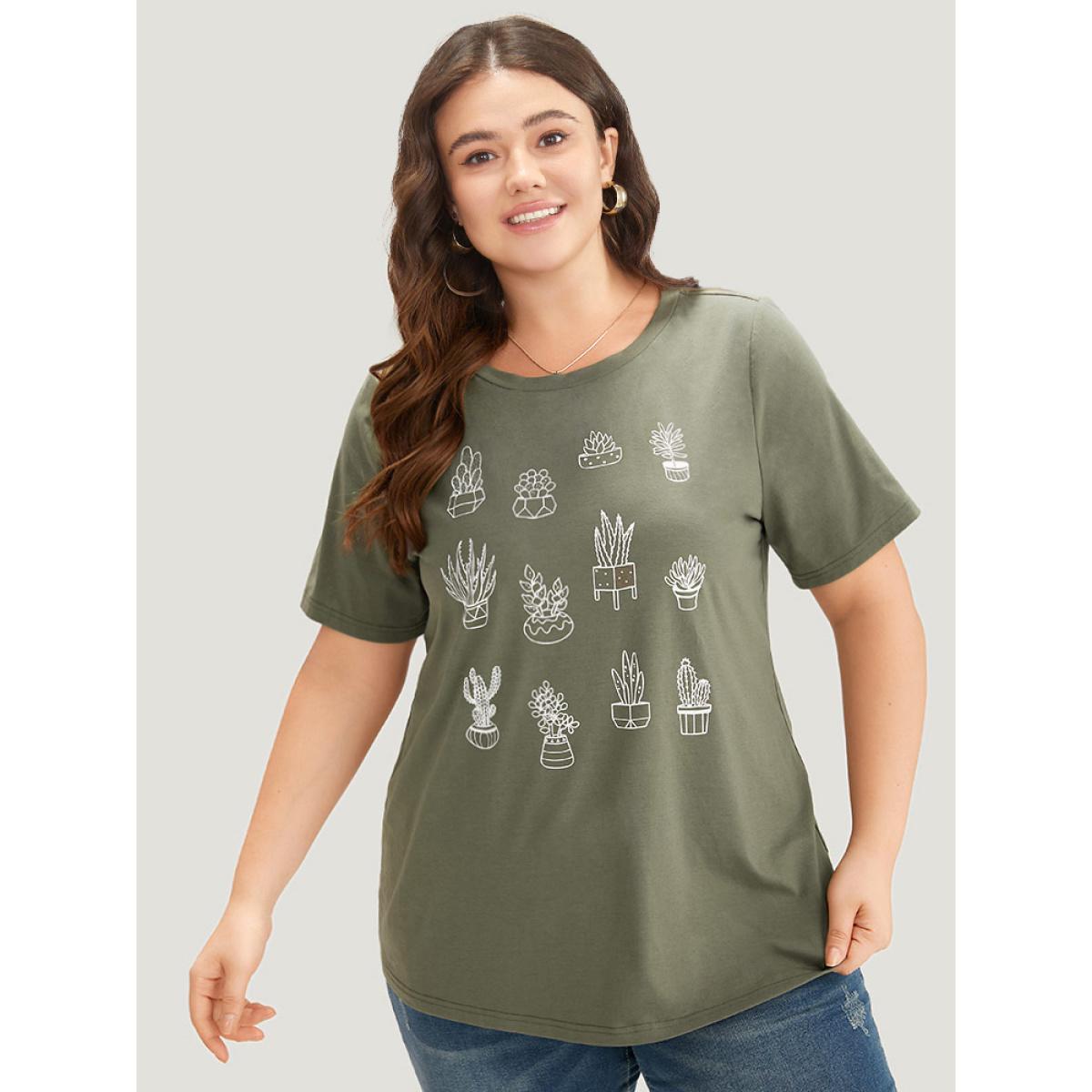 Plus Size Plants Print Round Neck T-shirt ArmyGreen Women Casual Printed Natural Flowers Dailywear T-shirts BloomChic 22-24/3X Product Image