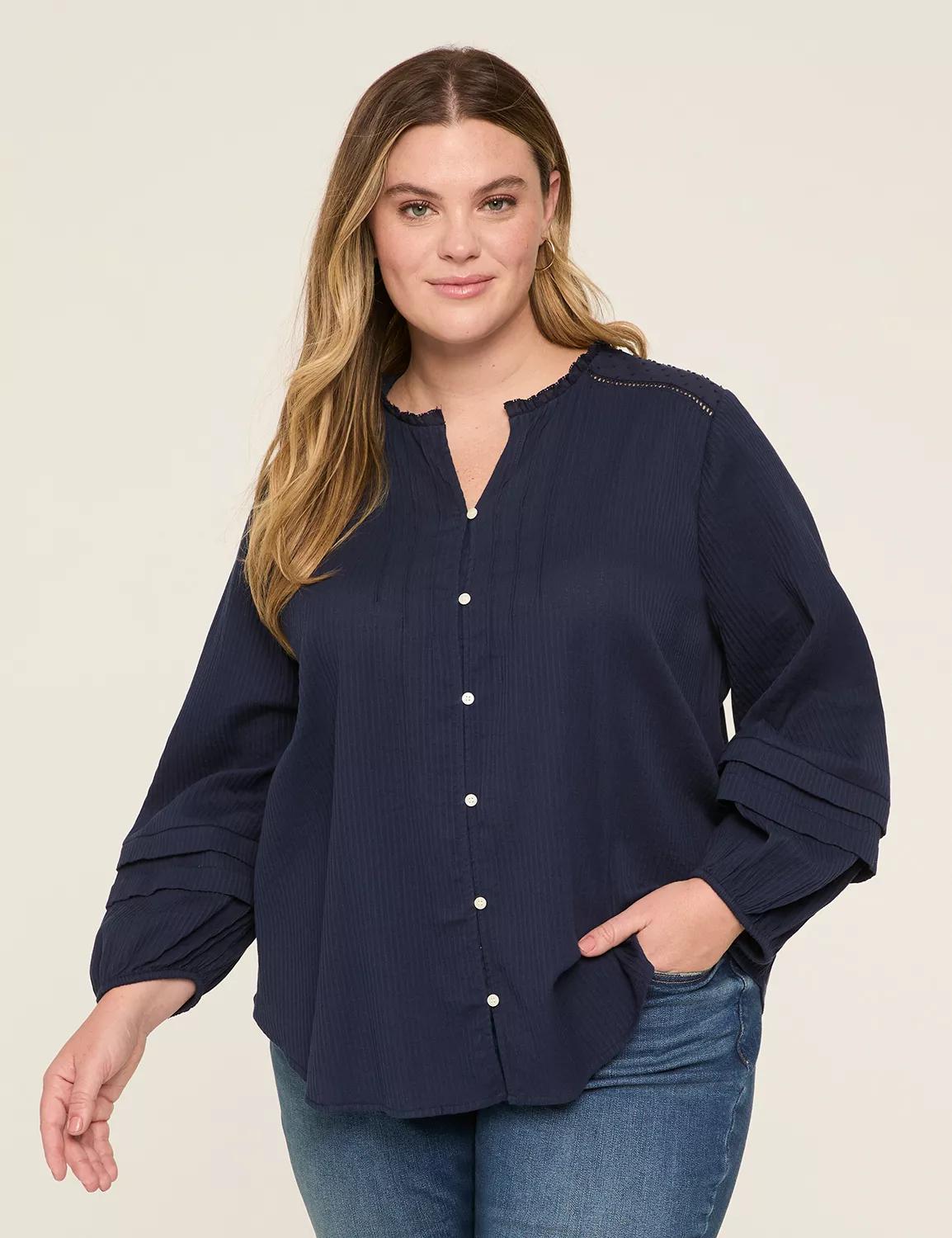 Clip Dot Detail Rib Button-Down Blouse Product Image