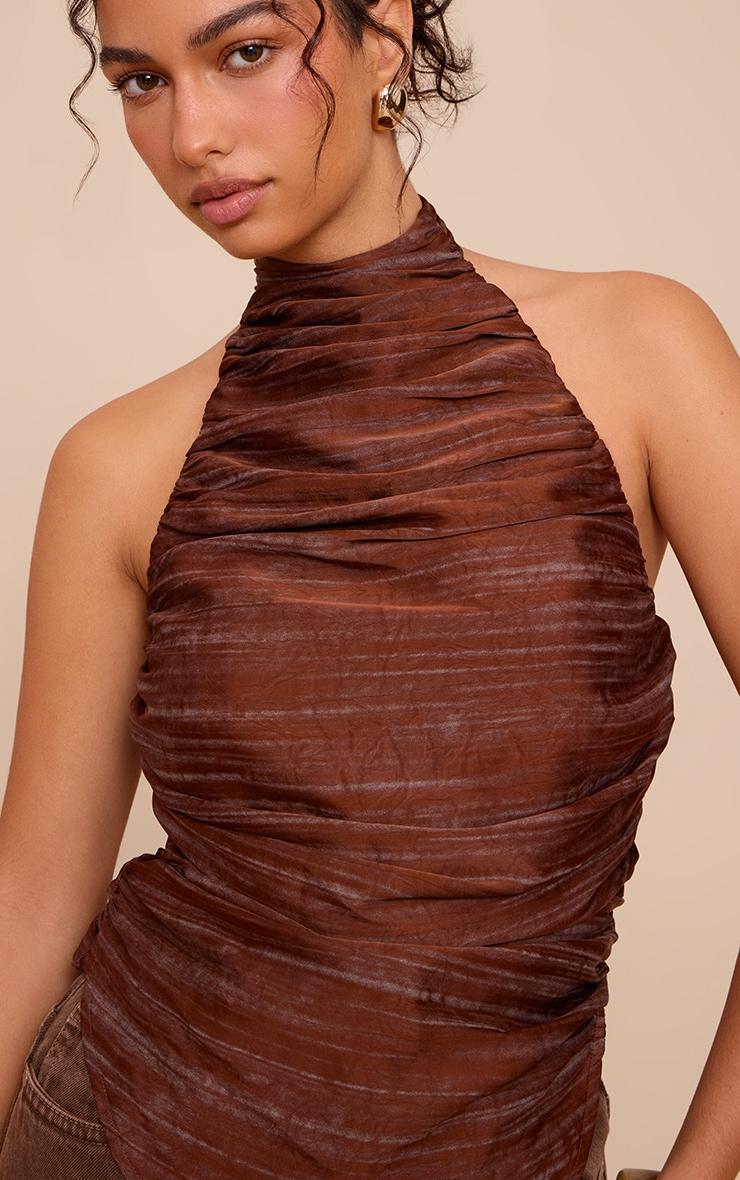 Brown Printed Satin Ruched Halterneck Top Product Image