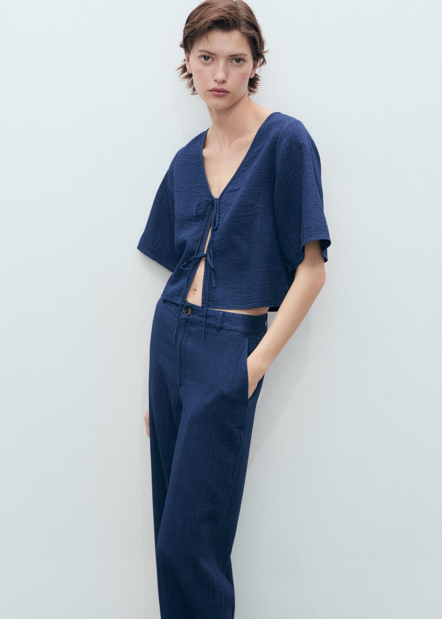 High-waisted denim flowy pants - Women | MANGO USA Product Image