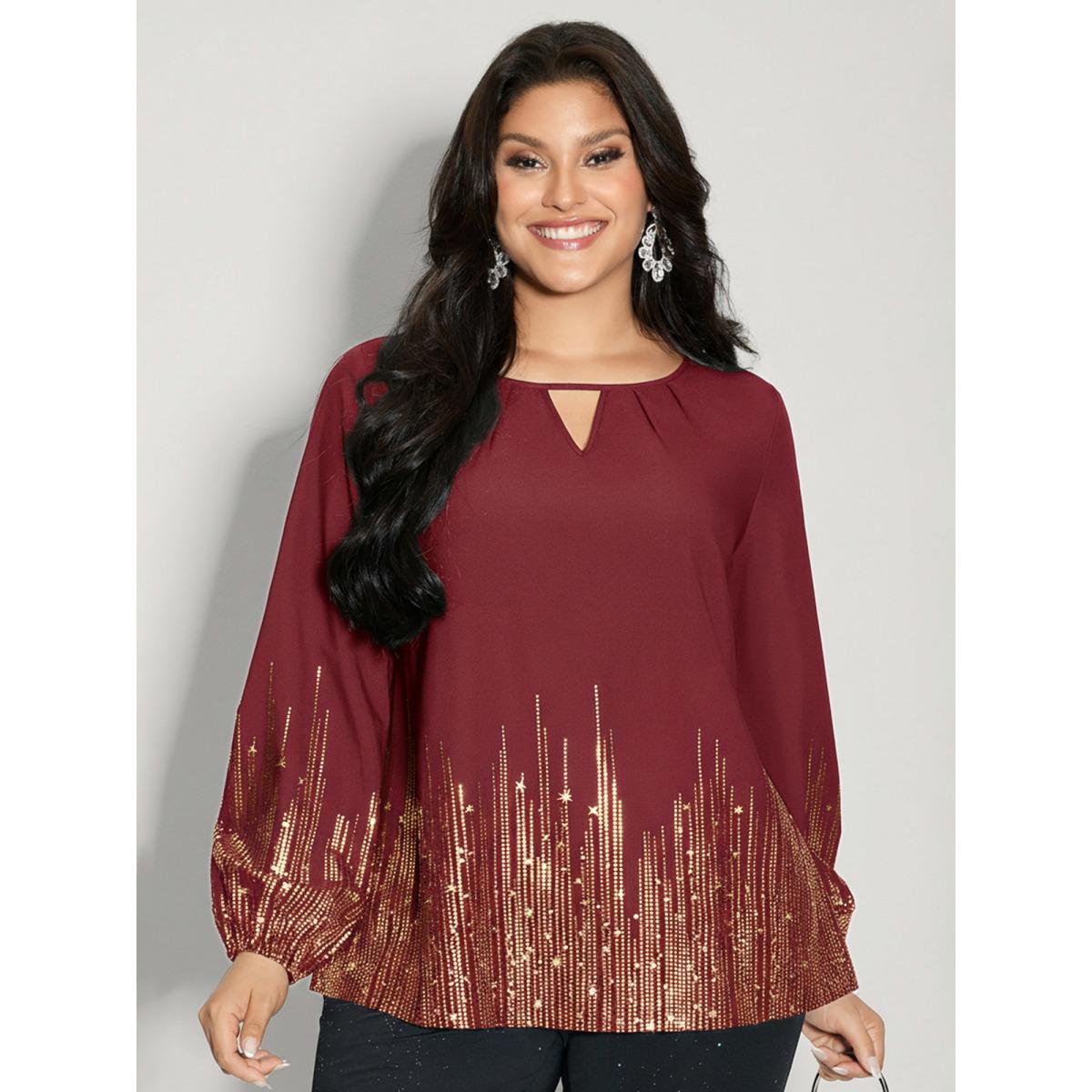 Plus Size Scarlet Shimmery Cut-Out Neck Blouse Women Party&Cocktail Extra Long Sleeve Round Neck Party Blouses BloomChic 10/M Product Image