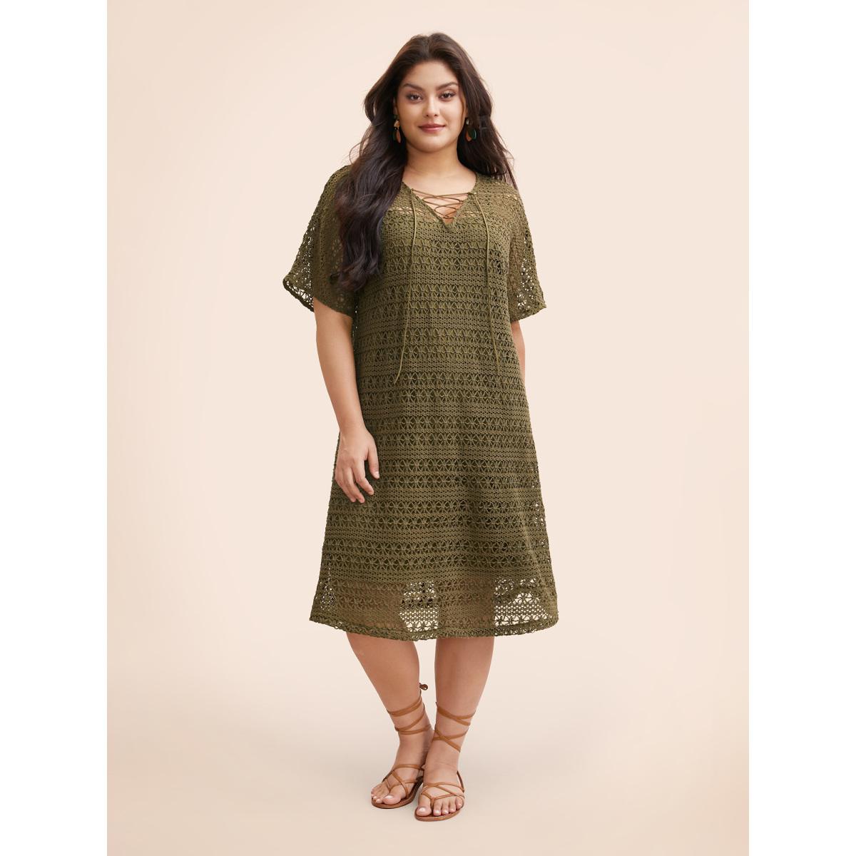 Plus Size Crocheted Lace Up Dolman Sleeve Tiered Dress ArmyGreen Women Casual Texture V-neck Half Sleeve Curvy BloomChic 12/L Product Image