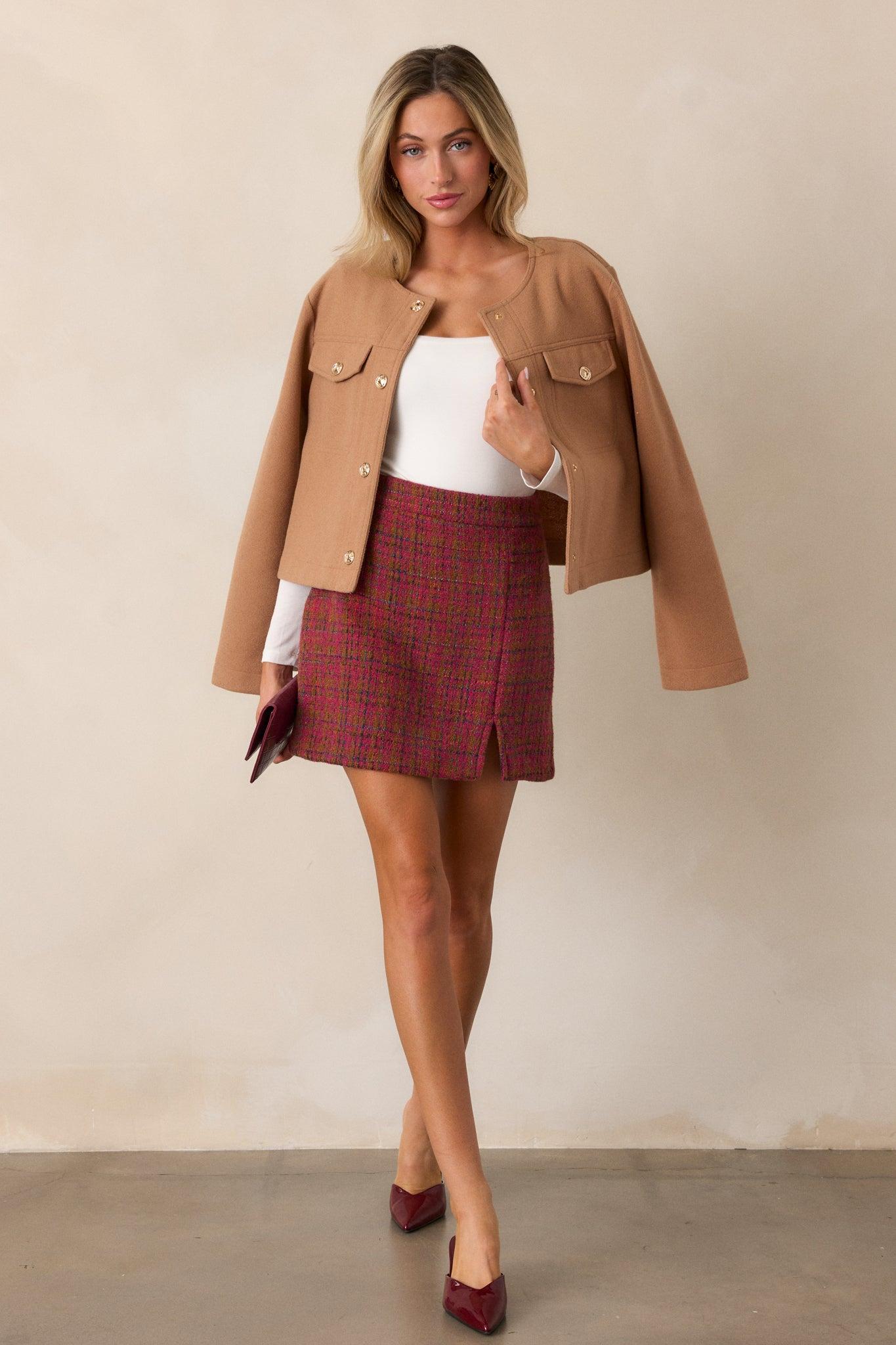 Meant For Me Dark Sangria Tweed Mini Skirt Product Image