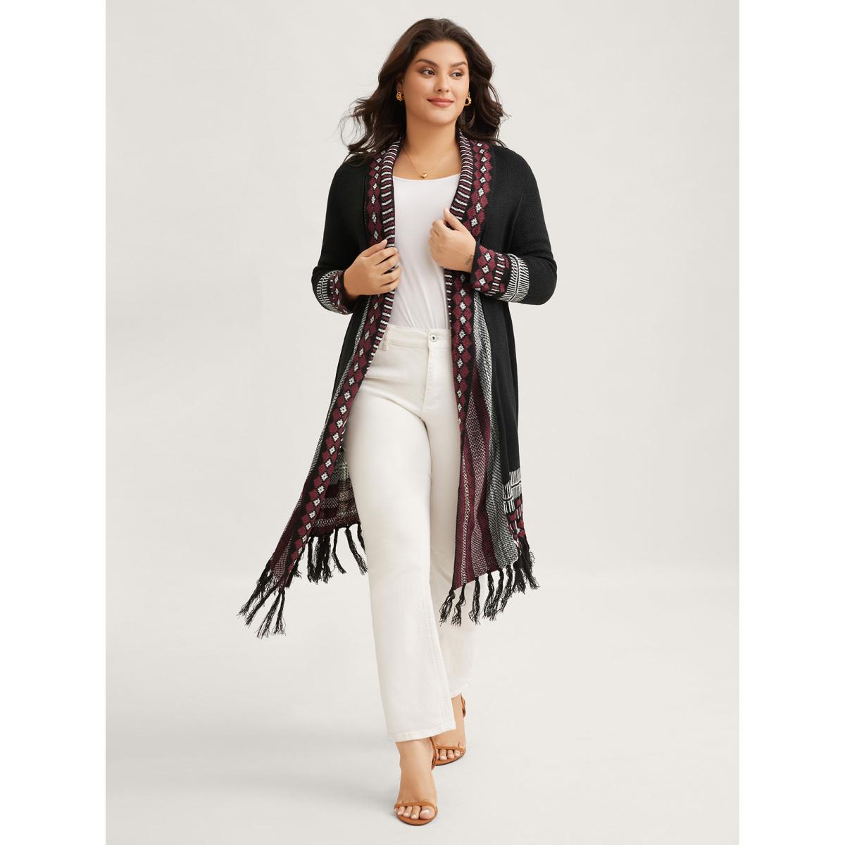 Plus Size Bandana Print Fringe Trim Maxi Cardigan Black Women Boho Long Sleeve Vacation Cardigans BloomChic 26/4X Product Image