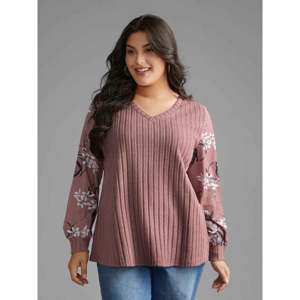 Plus Size V Neck Floral Patchwork Pit Strip T-shirt DustyPink Women Casual Texture Natural Flowers V-neck Loose Everyday T-shirts BloomChic 18-20/2X Product Image