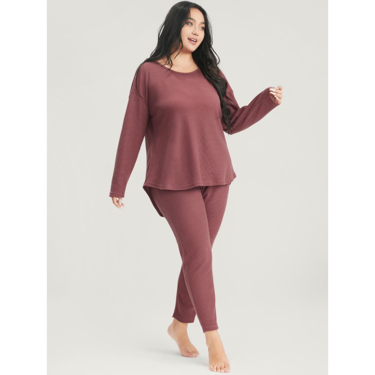 Plus Size Solid Asymmetrical Hem Waffle Knit Pajama Set Women Russet Plain Elastic Waist Long Sleeve Round Neck Casual Loungewear Sets BloomChic 14-16/1X Product Image