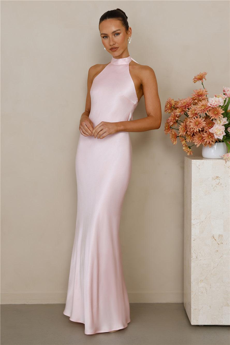 The Cleo Halter Satin Maxi Dress Pink Product Image