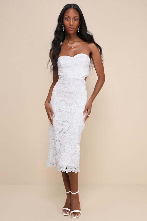 Impressive Elegance White Crochet Lace Strapless Midi Dress Product Image