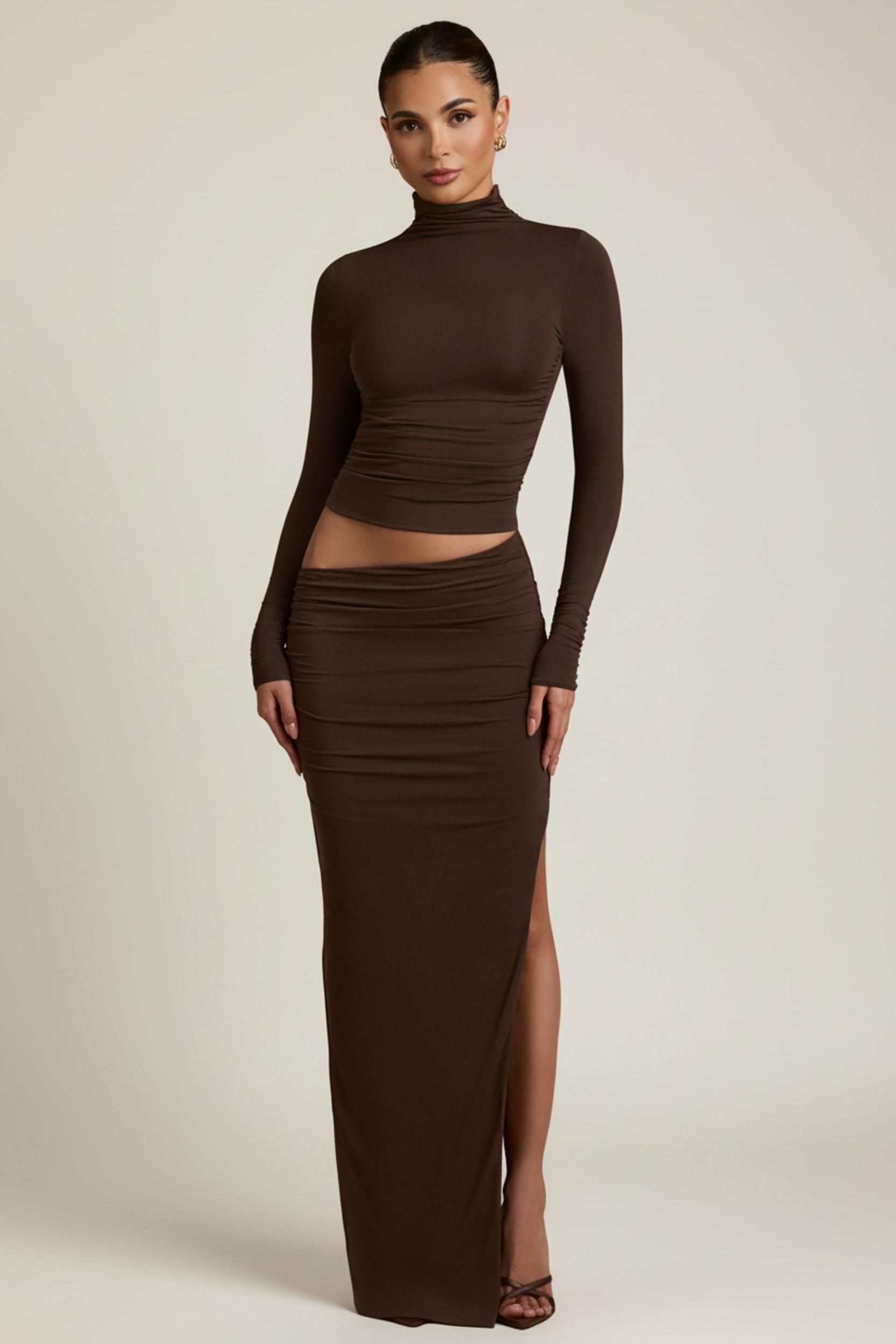 Modal Asymmetric-Waist Maxi Skirt in Chocolate Brown Product Image