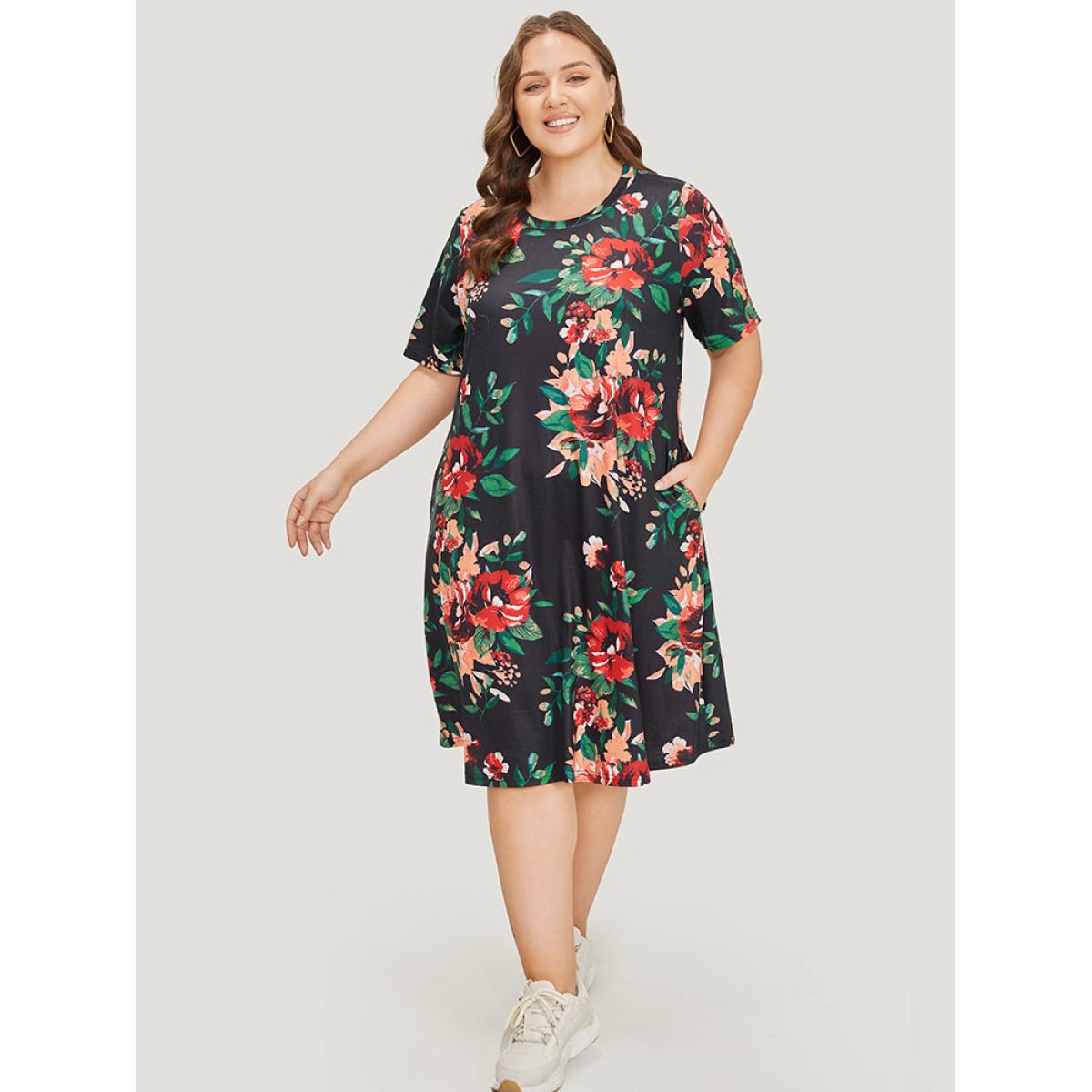 Plus Size Floral Print Pocket Midi Dress Black Women Casual Pocket Round Neck Short sleeve Curvy Midi Dress BloomChic 28/5X Product Image
