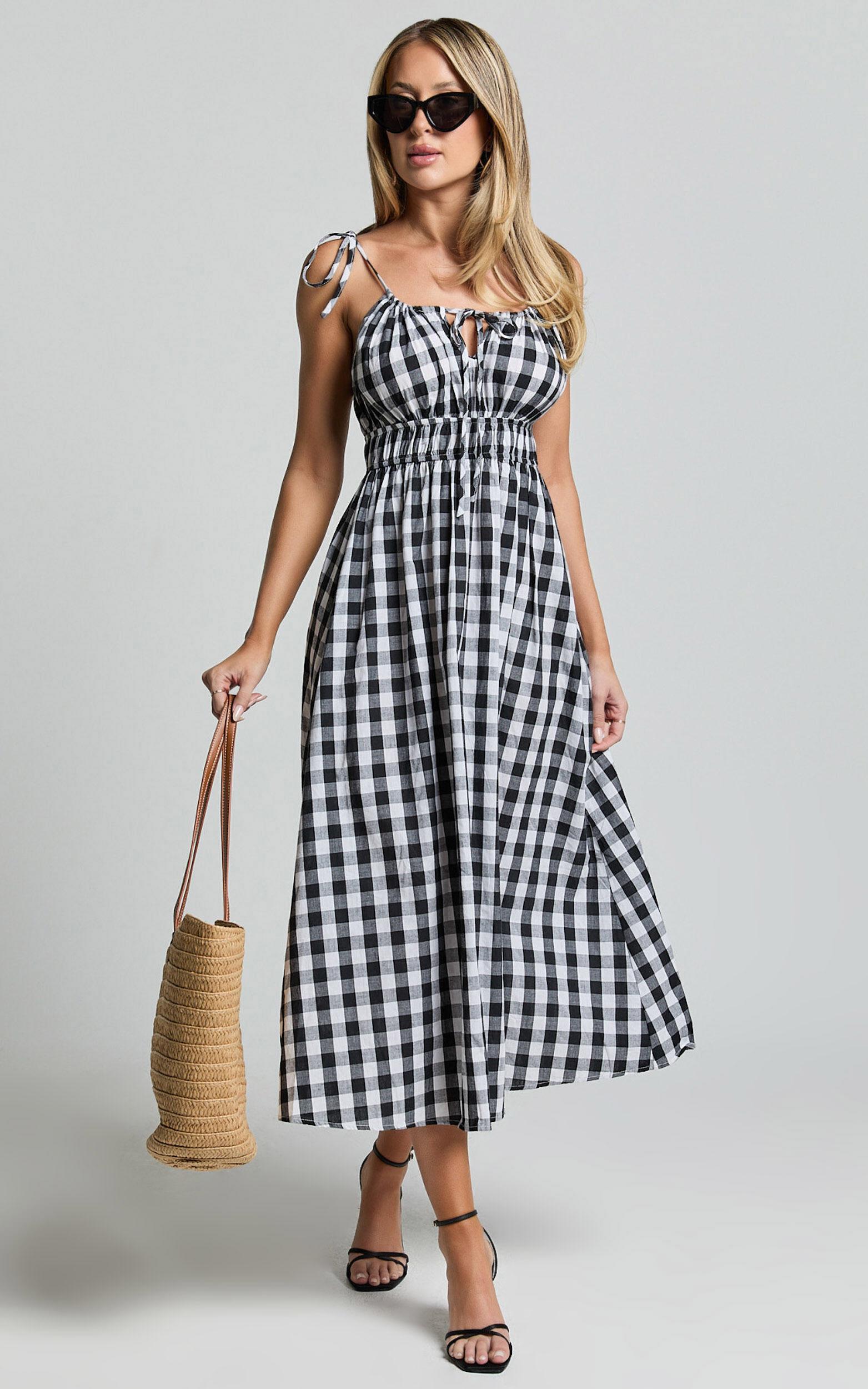 Vela Midi Dress - Strappy Tie Shoulder Elasticated Waist Dress in Black and White Gingham Product Image