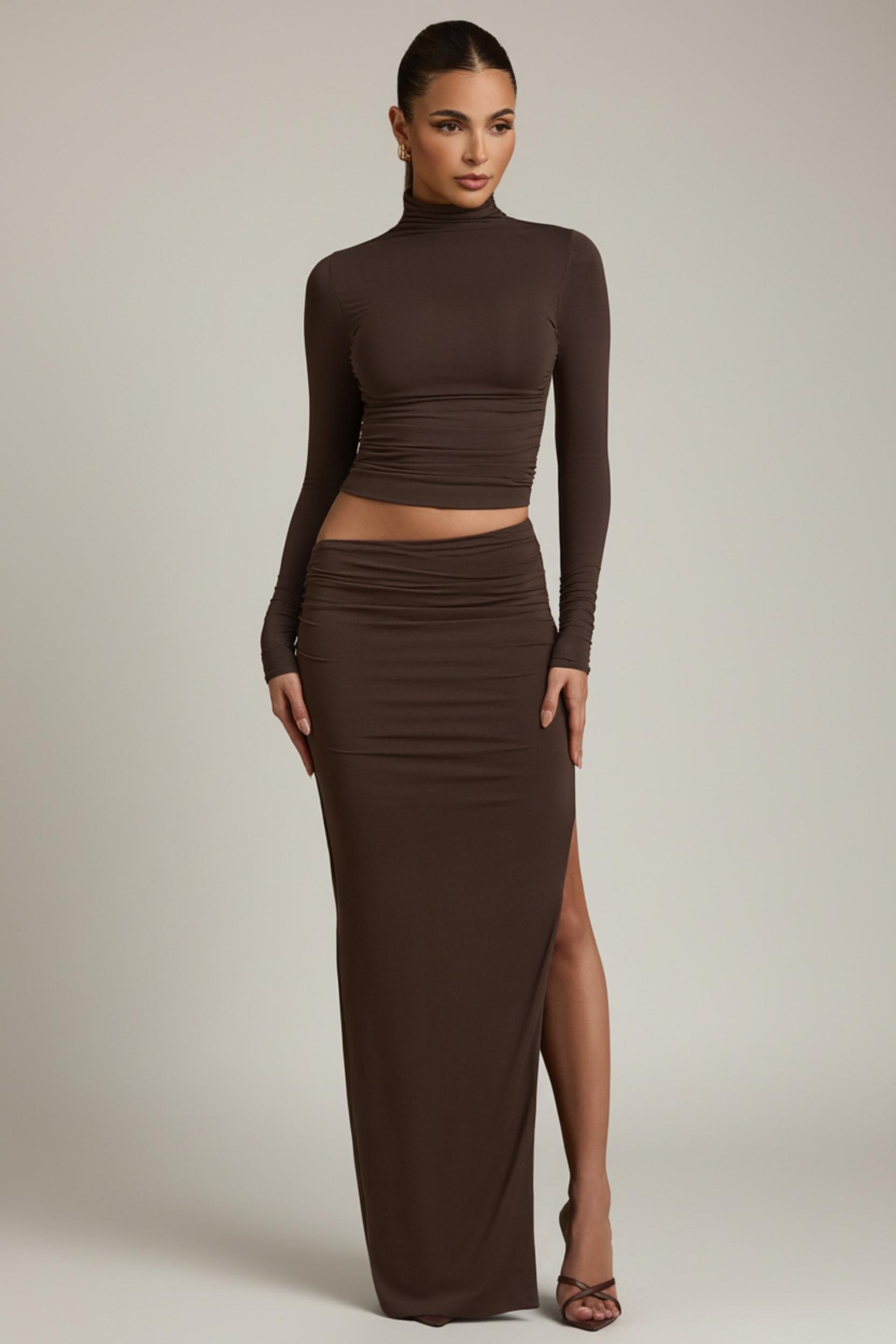 Modal Asymmetric-Waist Maxi Skirt in Chocolate Brown Product Image