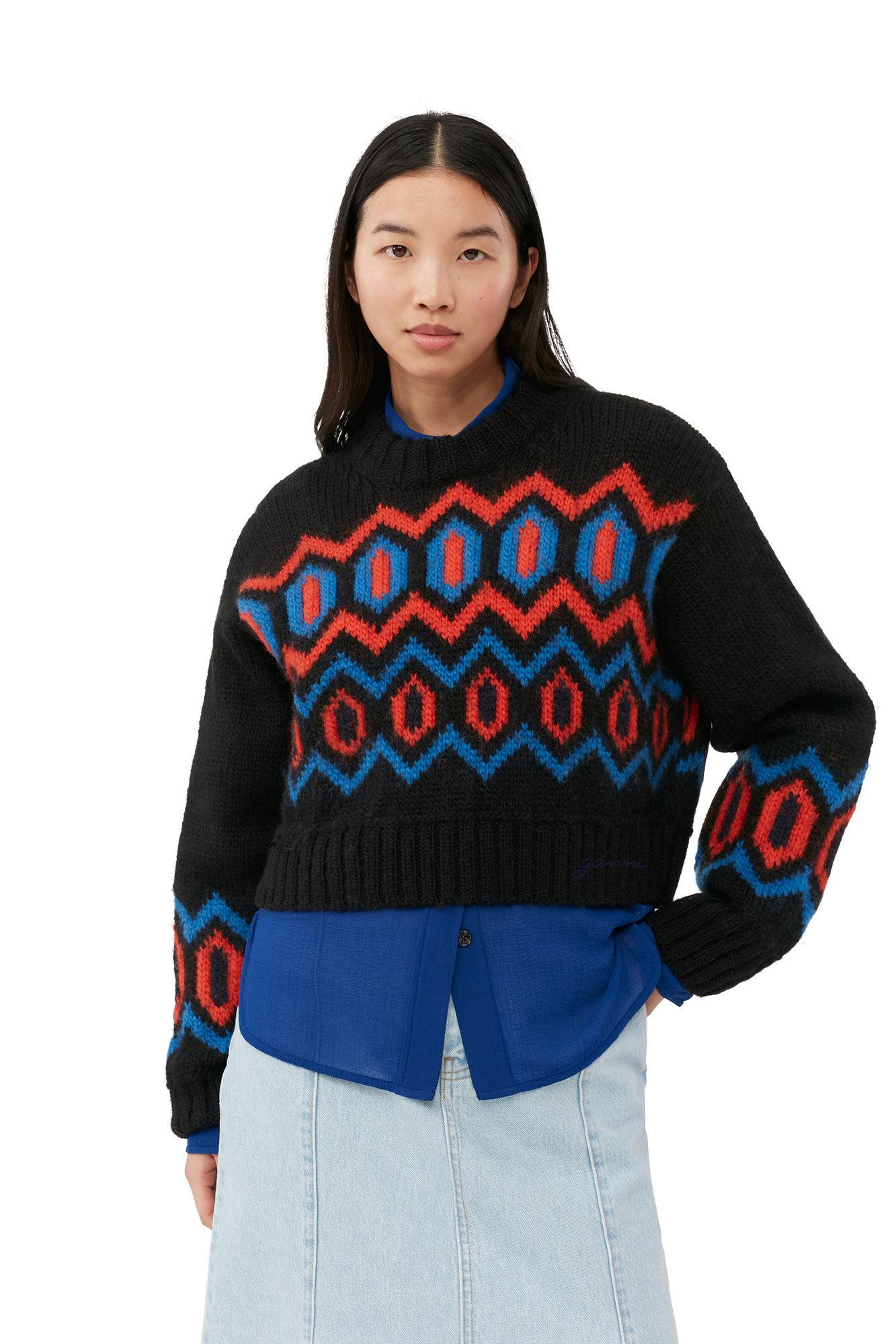 Black Chunky Wool Cropped O-neck Sweater Product Image