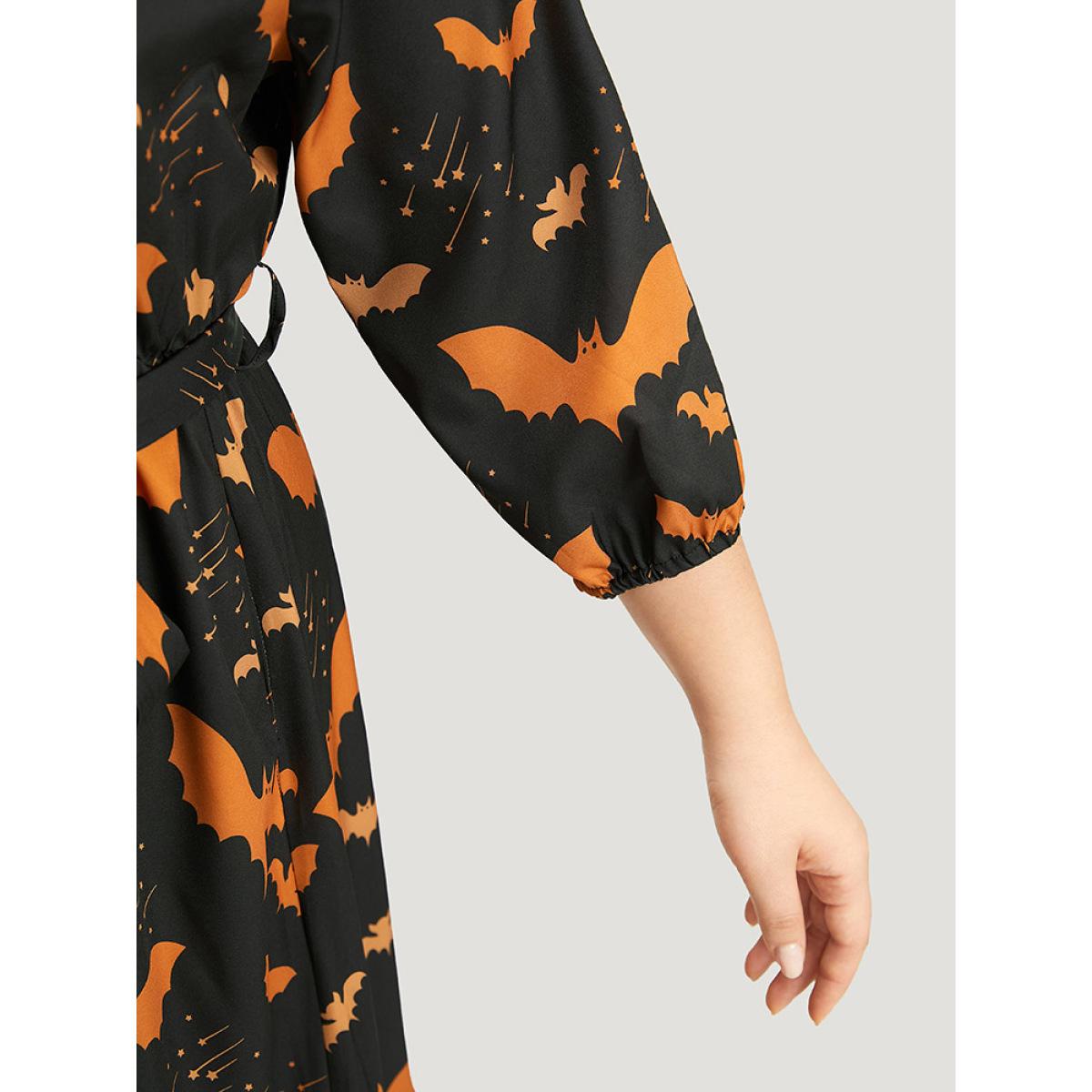 Plus Size Halloween Bat Print Notched Belted Pocket Dress Black Women Office Elastic cuffs Notched collar Elbow-length sleeve Curvy Midi Dress BloomChic 22-24/3X Product Image