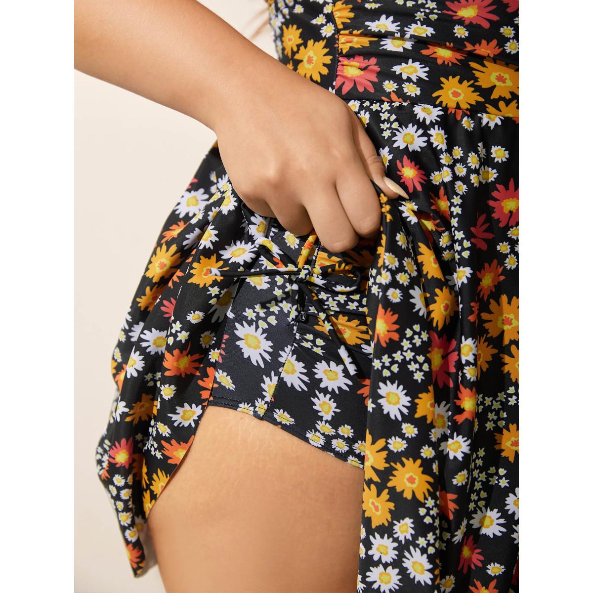 Plus Size Anti-Float Ties Floral Print Swim Dress Women's Swimwear Black Beach Bodycon V-neck High stretch Curve Swim Dresses BloomChic 10/M Product Image