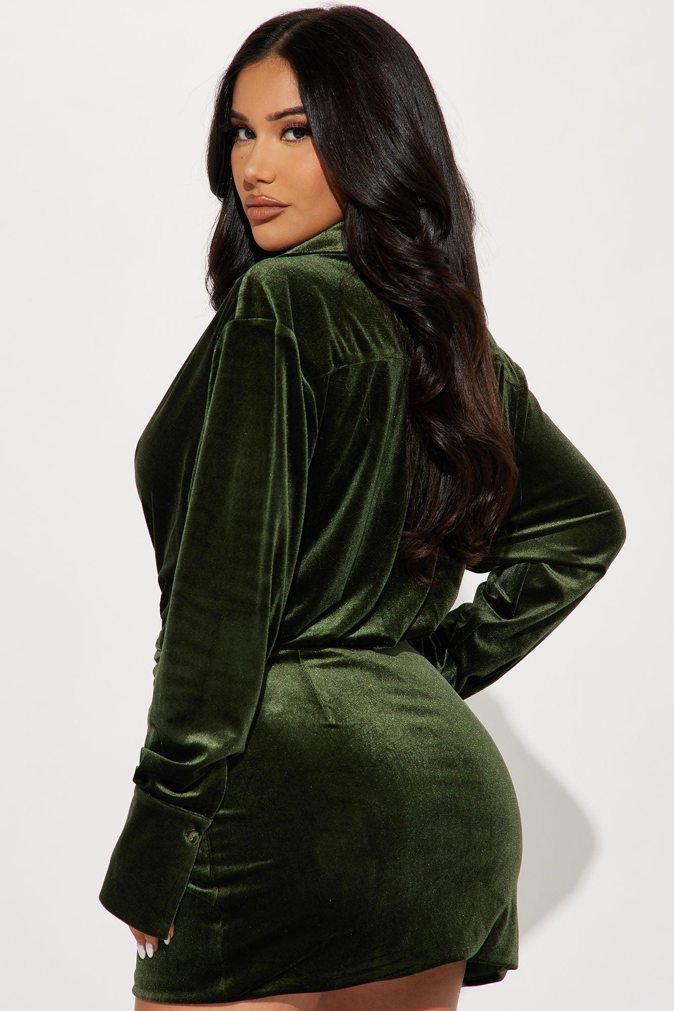 Aria Velvet Mini Shirt Dress - Hunter Product Image