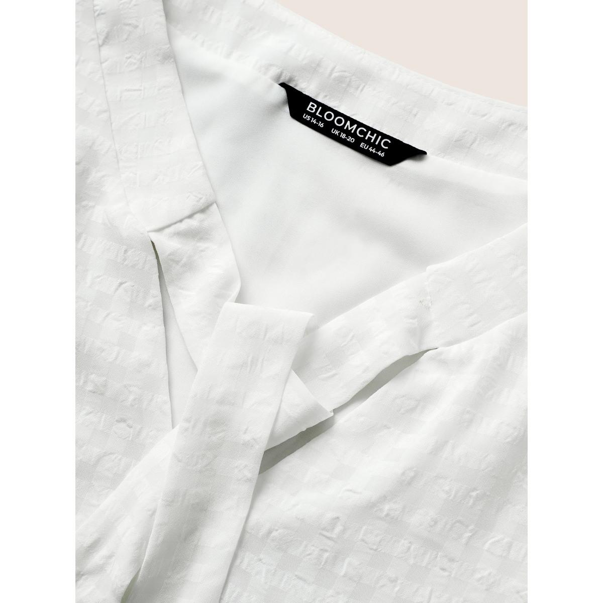 Plus Size Ivory Solid Textured Chiffon Mesh Tie Neck Blouse Women At the Office Short sleeve Ribbon-tied collar Office Blouses BloomChic 22-24/3X Product Image