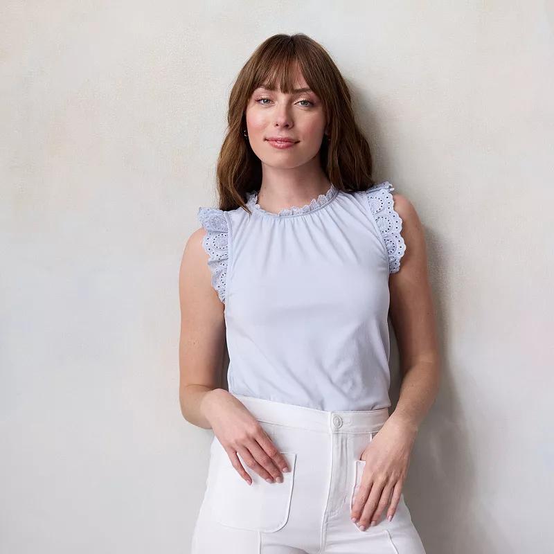 Women's LC Lauren Conrad Lace Ruffle Sleeve Crewneck Tank Top, Size: Large, Cool Daisy Product Image