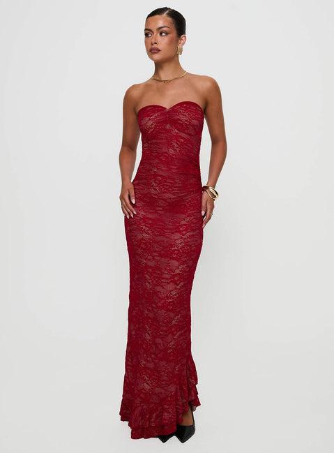 Hailees Lace Strapless Maxi Dress Red Product Image