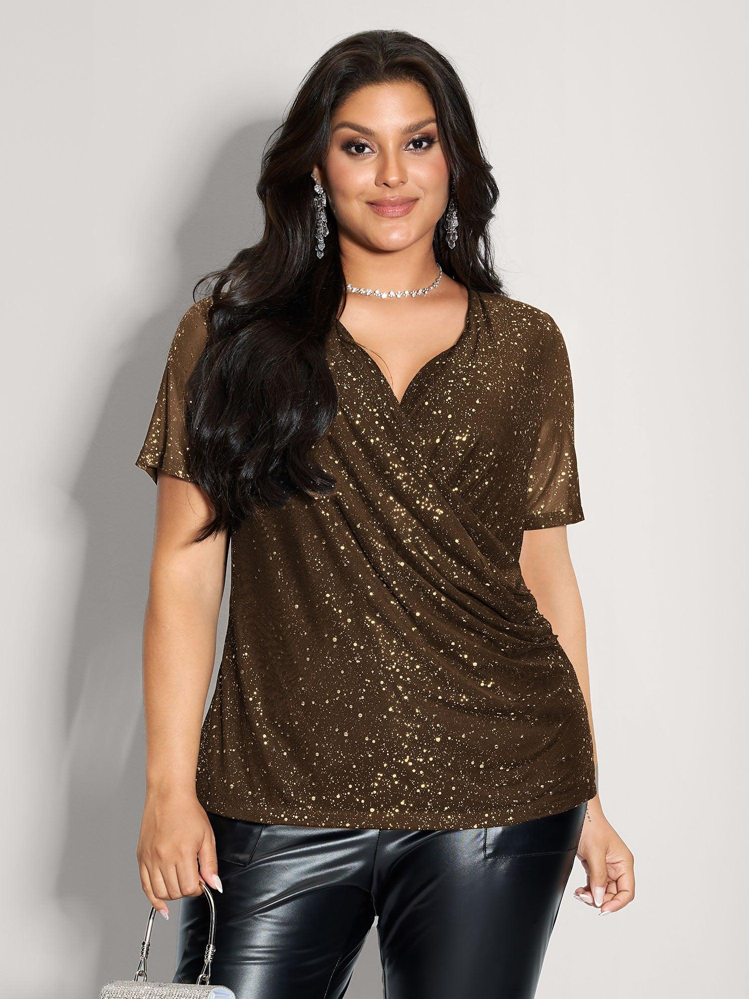 Shimmery Wrap Neck Sheer Sleeve T-Shirt Female Product Image