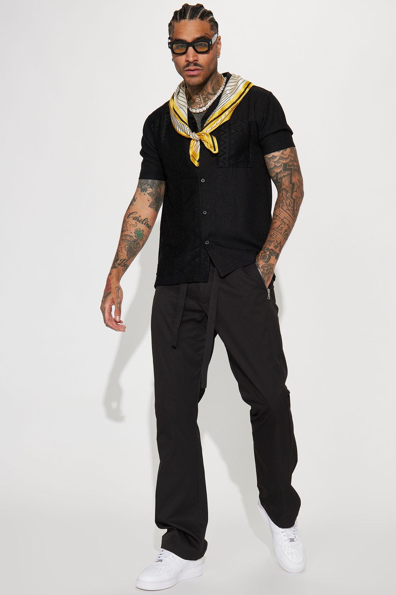 Half Crochet Pattern Short Sleeve Button Up Shirt - Black Product Image