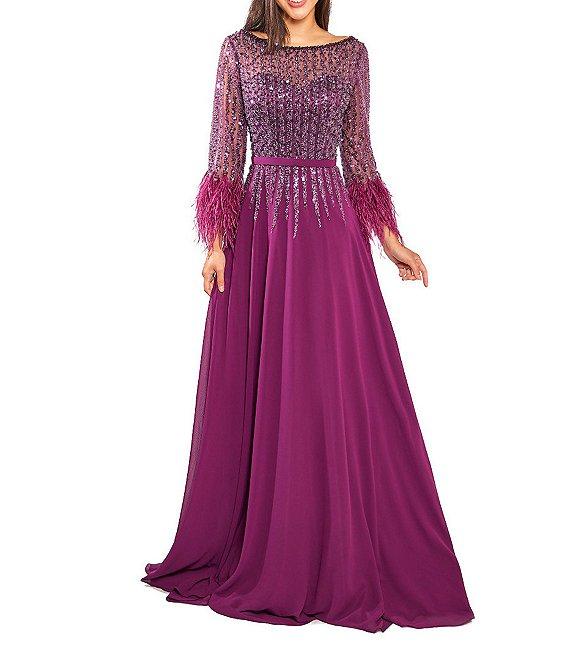 Terani Couture Chiffon Beaded Sequin Boat Neck Long Sleeve Feather Trim Gown Product Image