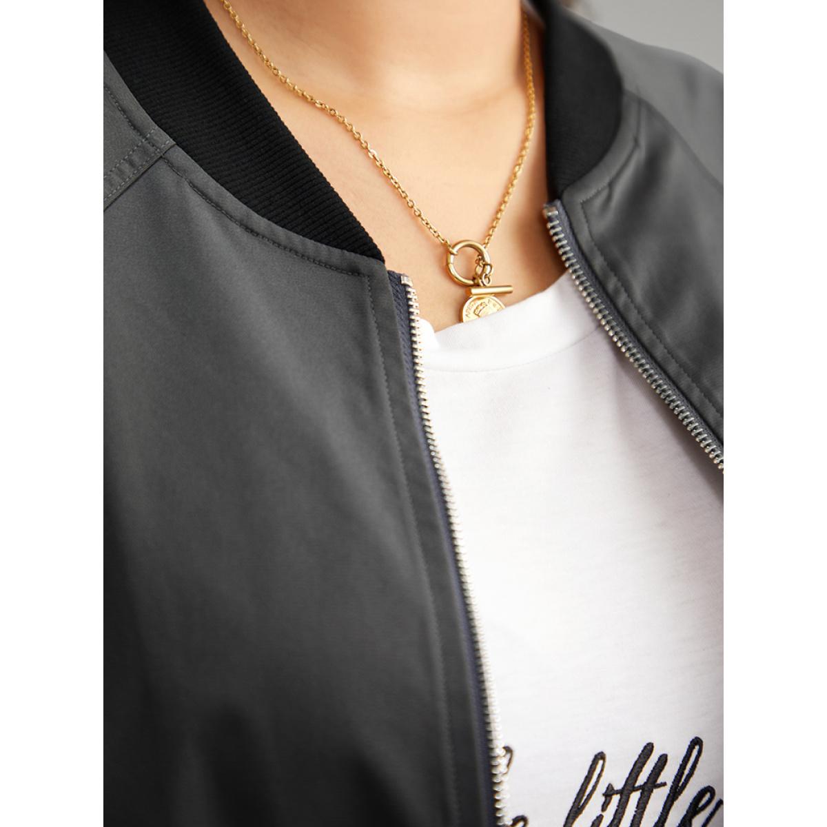 Plus Size Plain Pocket Patchwork Zipper Bomber Jacket Women DimGray Elastic cuffs Pocket Everyday Jackets BloomChic 12/L Product Image