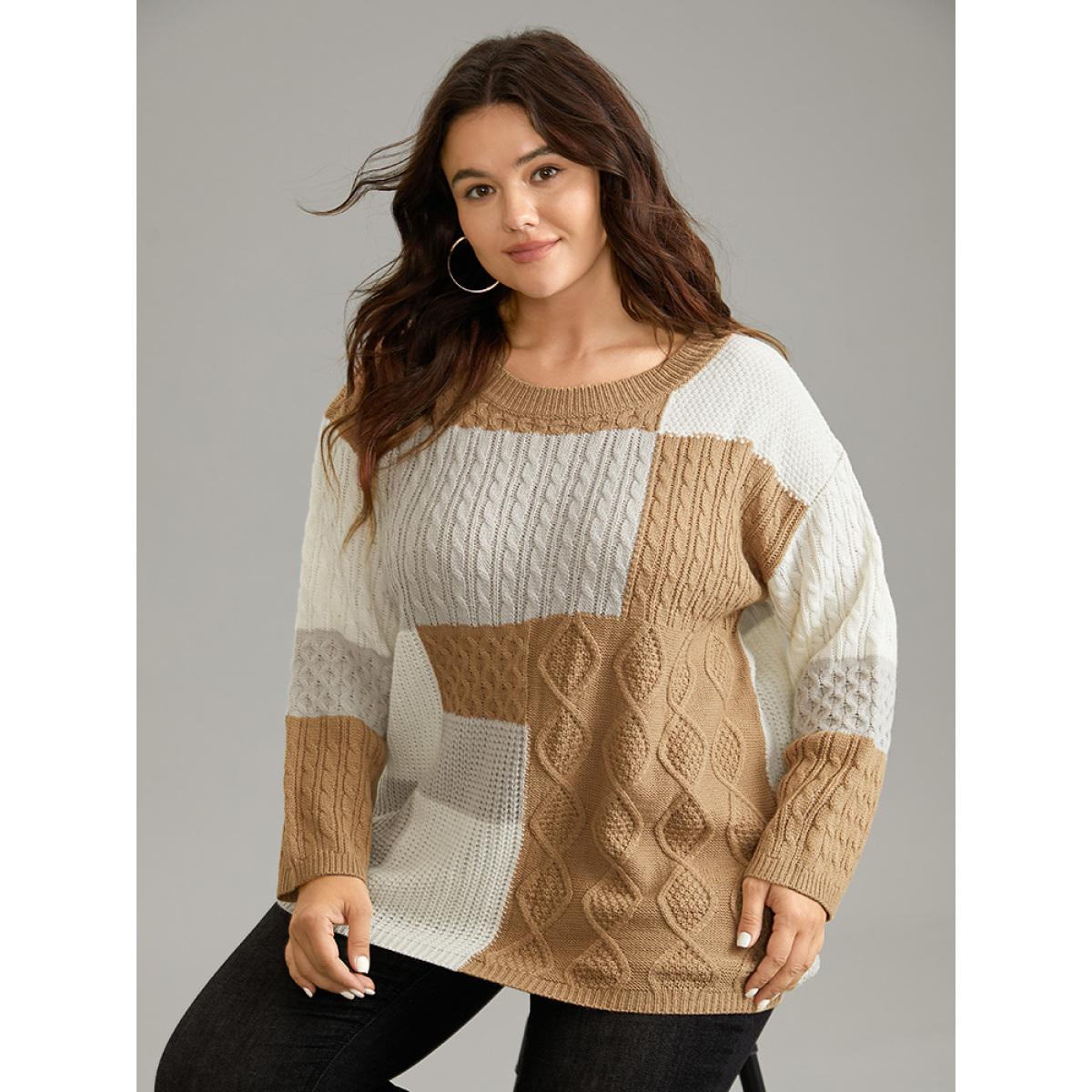 Plus Size Cable Knit Colorblock Patchwork Pullover Multicolor Women Casual Loose Long Sleeve Round Neck Dailywear Pullovers BloomChic 12/L Product Image