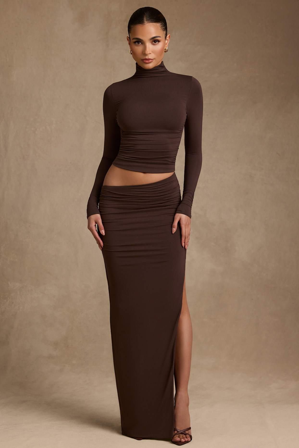 Modal Asymmetric-Waist Maxi Skirt in Chocolate Brown Product Image