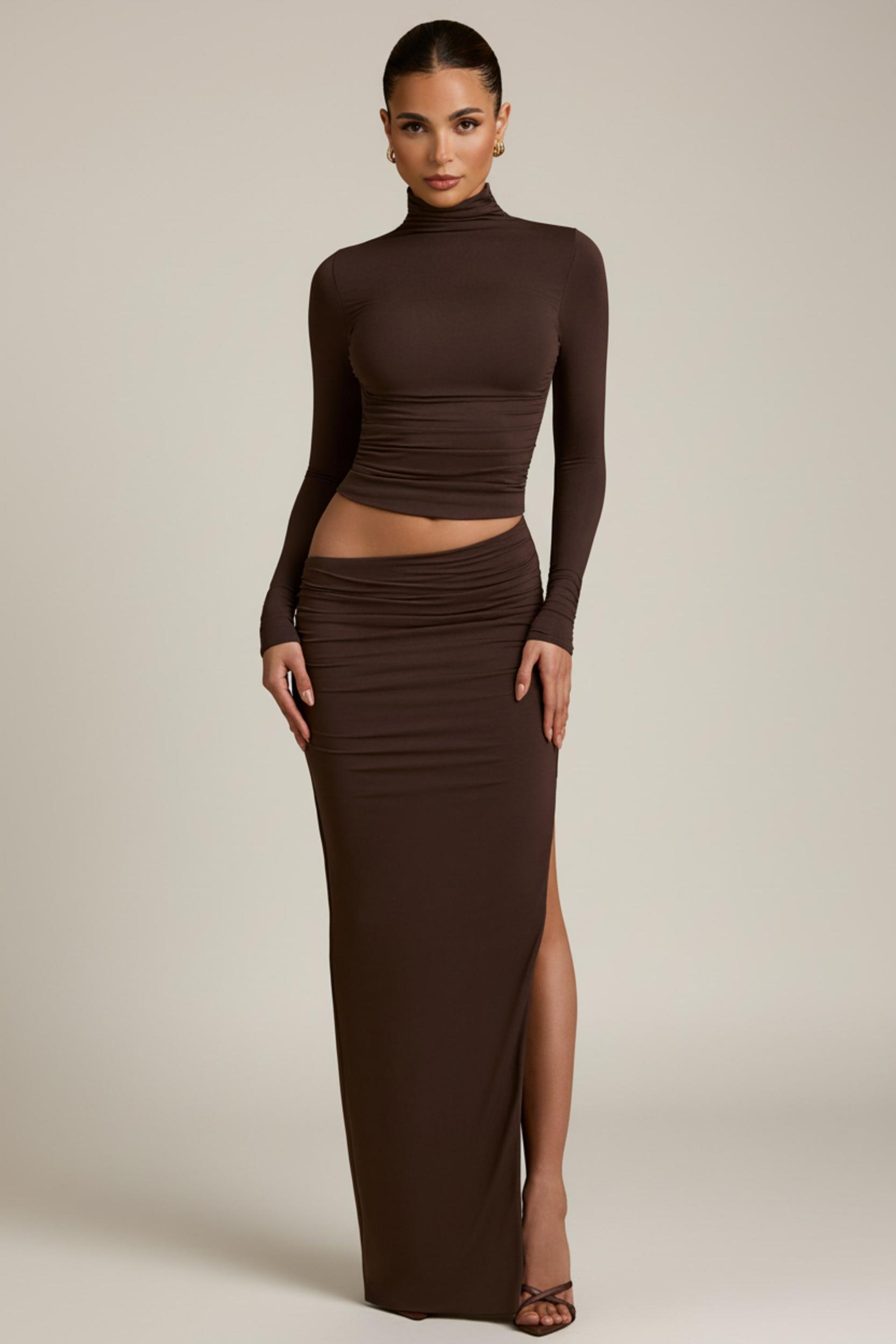 Modal Asymmetric-Waist Maxi Skirt in Chocolate Brown Product Image