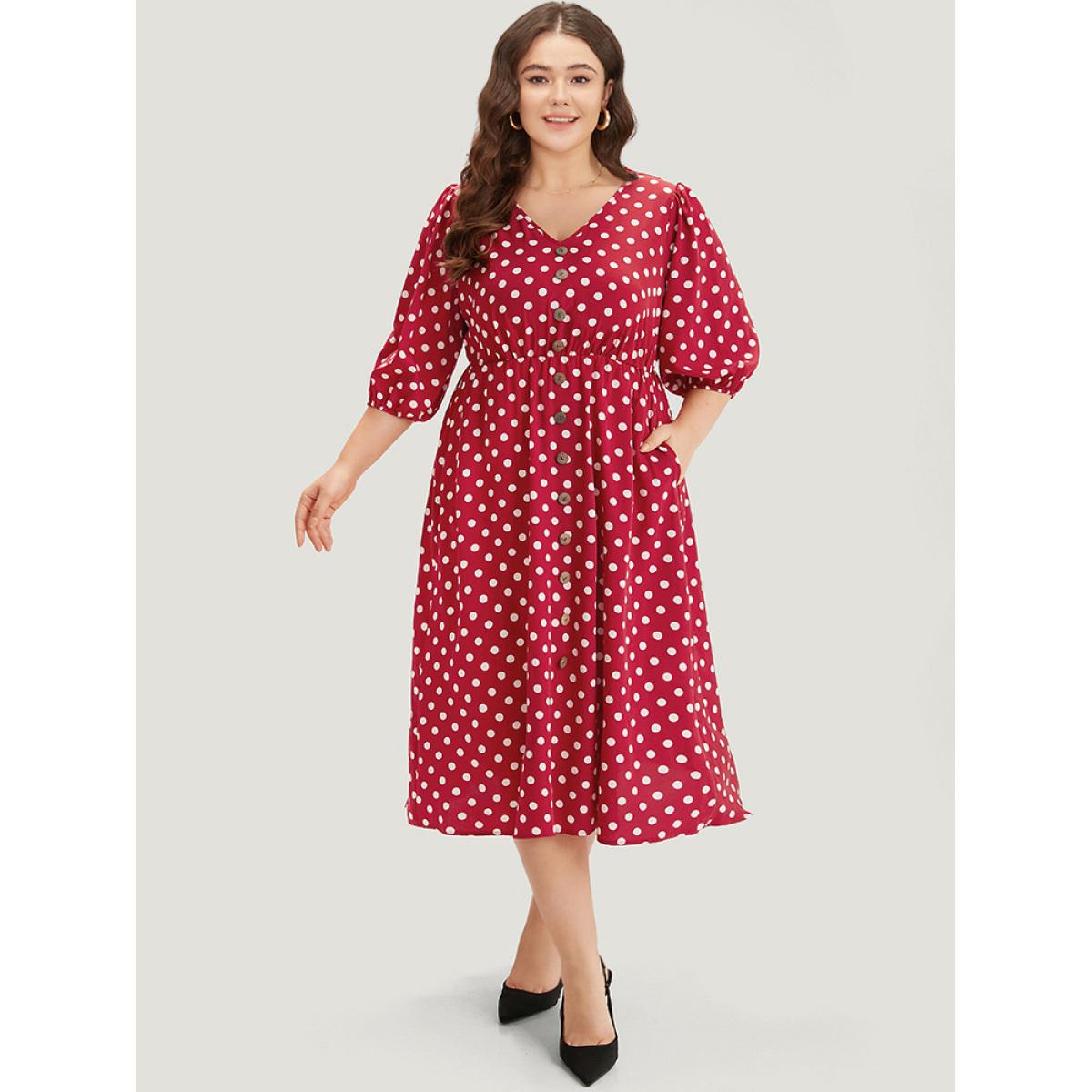 Plus Size Polka Dot Pocket Button Detail Lantern Sleeve Dress Scarlet Women Elegant Printed V-neck Half Sleeve Curvy Midi Dress BloomChic 12/L Product Image