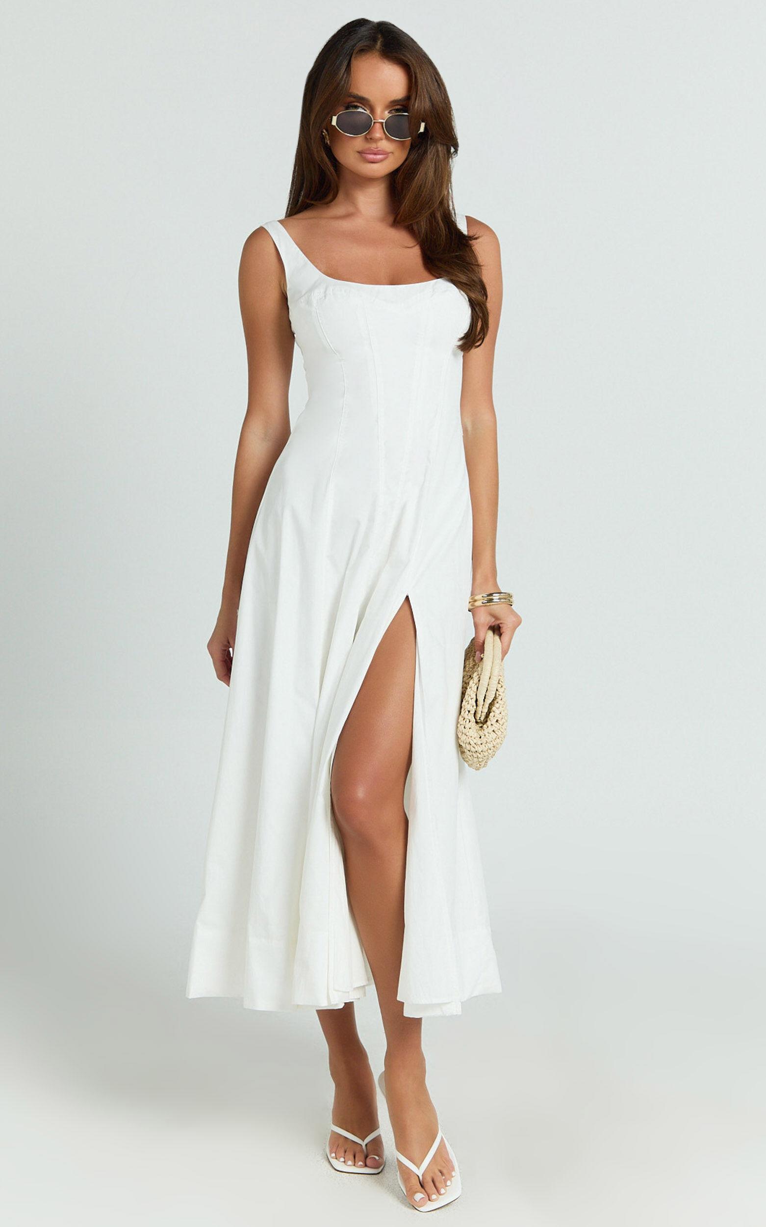 Kristi Midi Dress - Scoop Neck Fit And Flare Dress in Off White Product Image