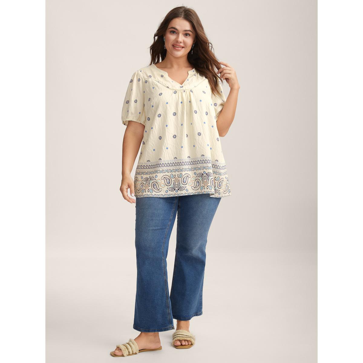 Plus Size LightBlue Boho Print Notched Collar Blouse Women Boho Short sleeve Flat collar with V-notch Vacation Blouses BloomChic 18-20/2X Product Image