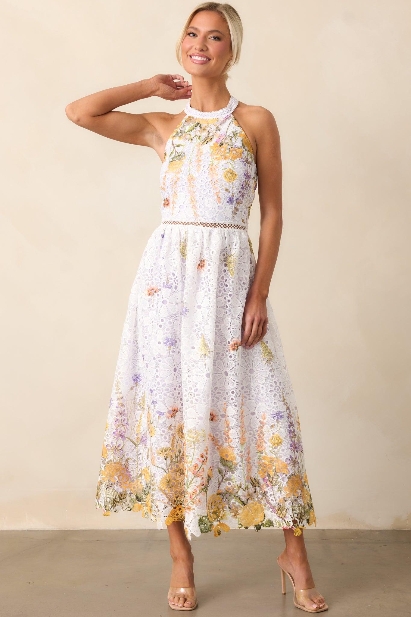 Twirl Me Lavender Floral Embroidered Halter Midi Dress Product Image