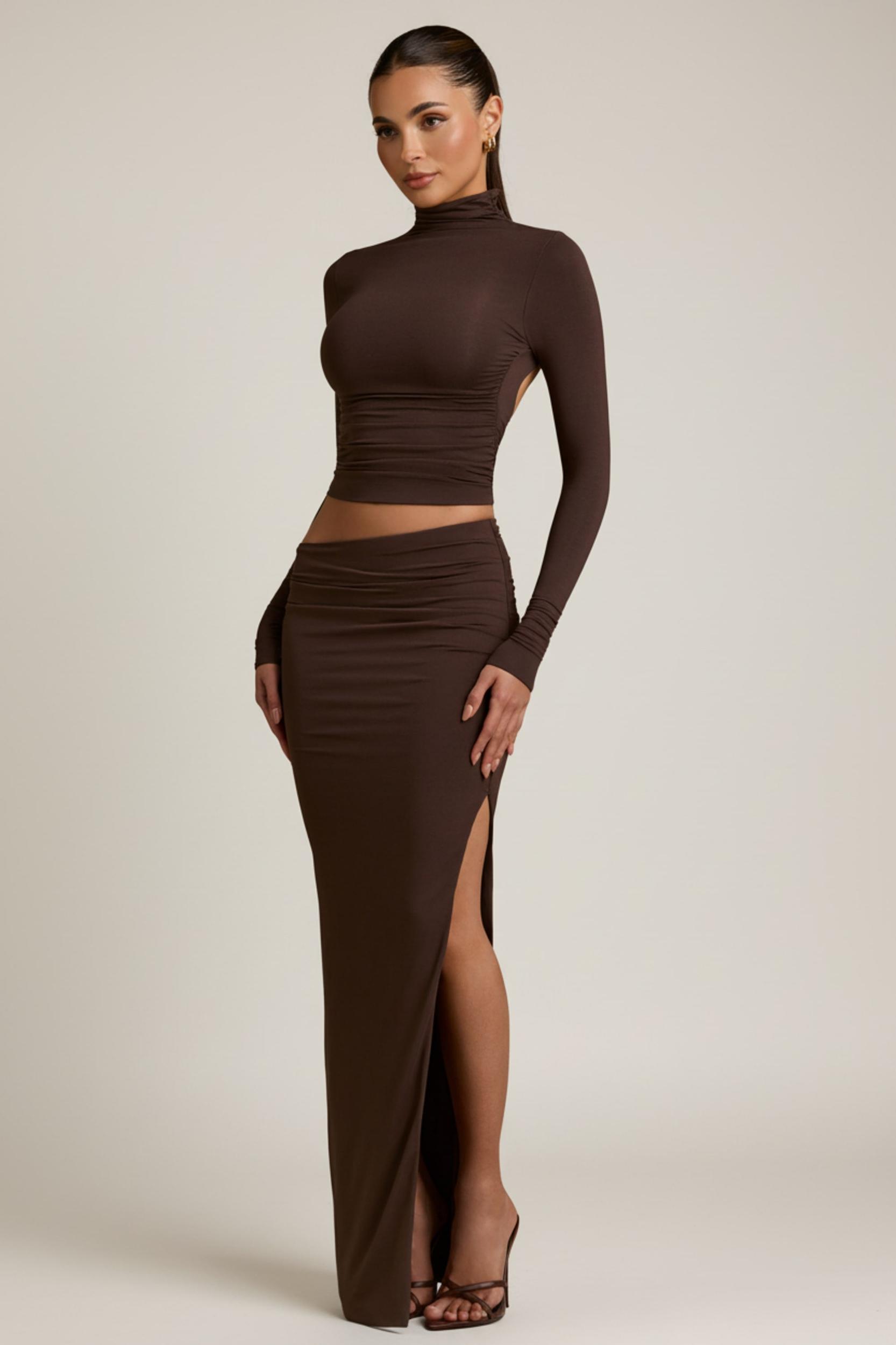 Modal Asymmetric-Waist Maxi Skirt in Chocolate Brown Product Image