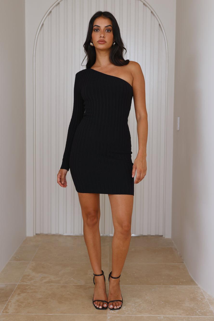 Share Stories One Shoulder Ribbed Mini Dress Black Product Image
