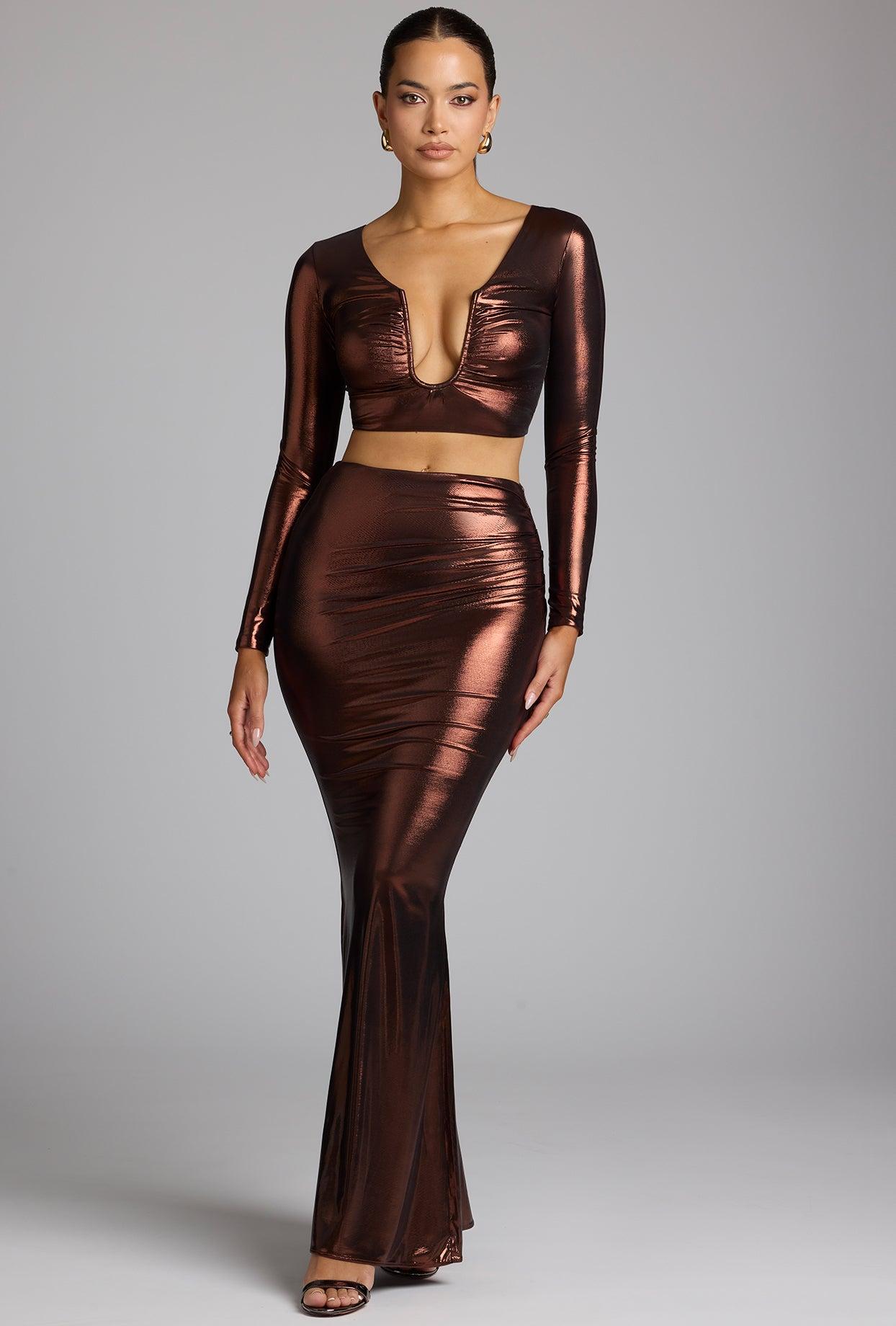Mid Rise Metallic Jersey Gown Skirt in Copper Bronze Product Image