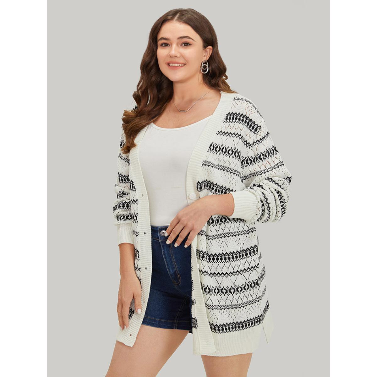 Plus Size Geometric Striped Button Through Patchwork Cardigan Ivory Women Casual Loose Long Sleeve Dailywear Cardigans BloomChic 22-24/3X Product Image